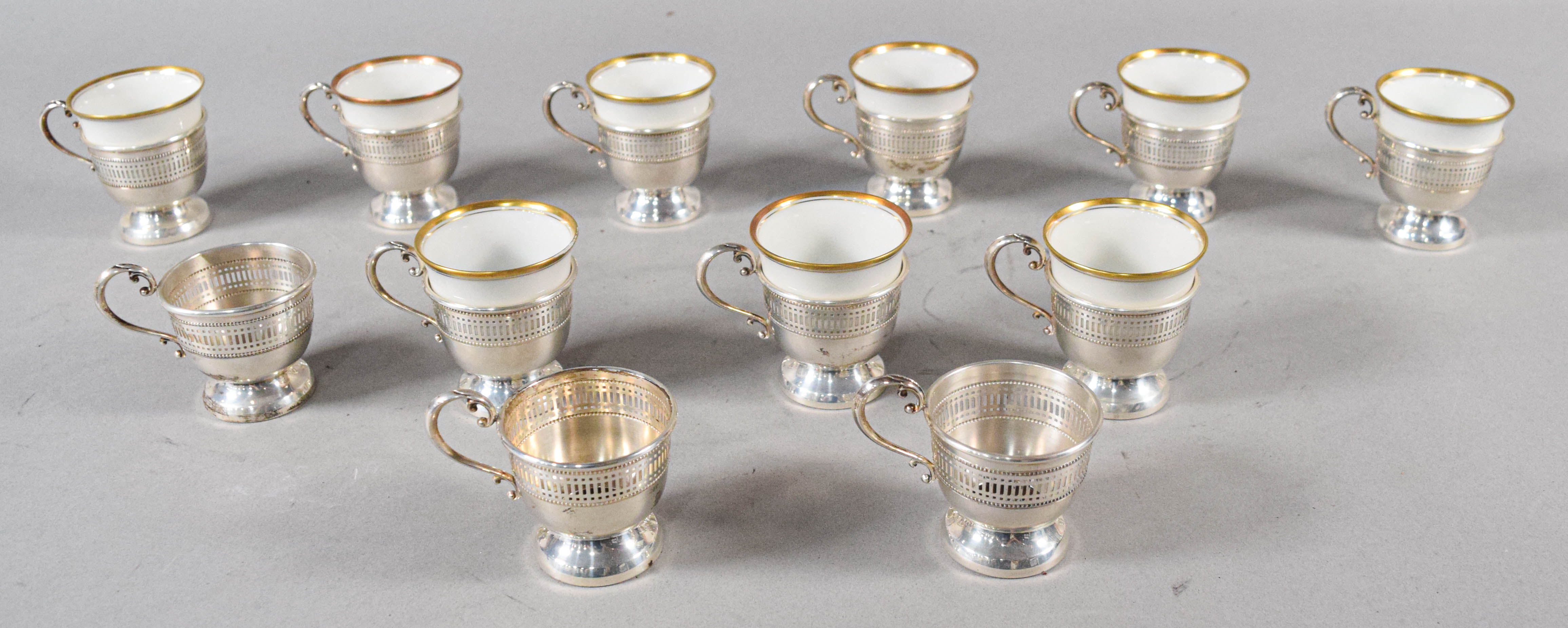 12 Sterling Silver Cup Holders With 9 Hutschenreuther Porcelain Liners