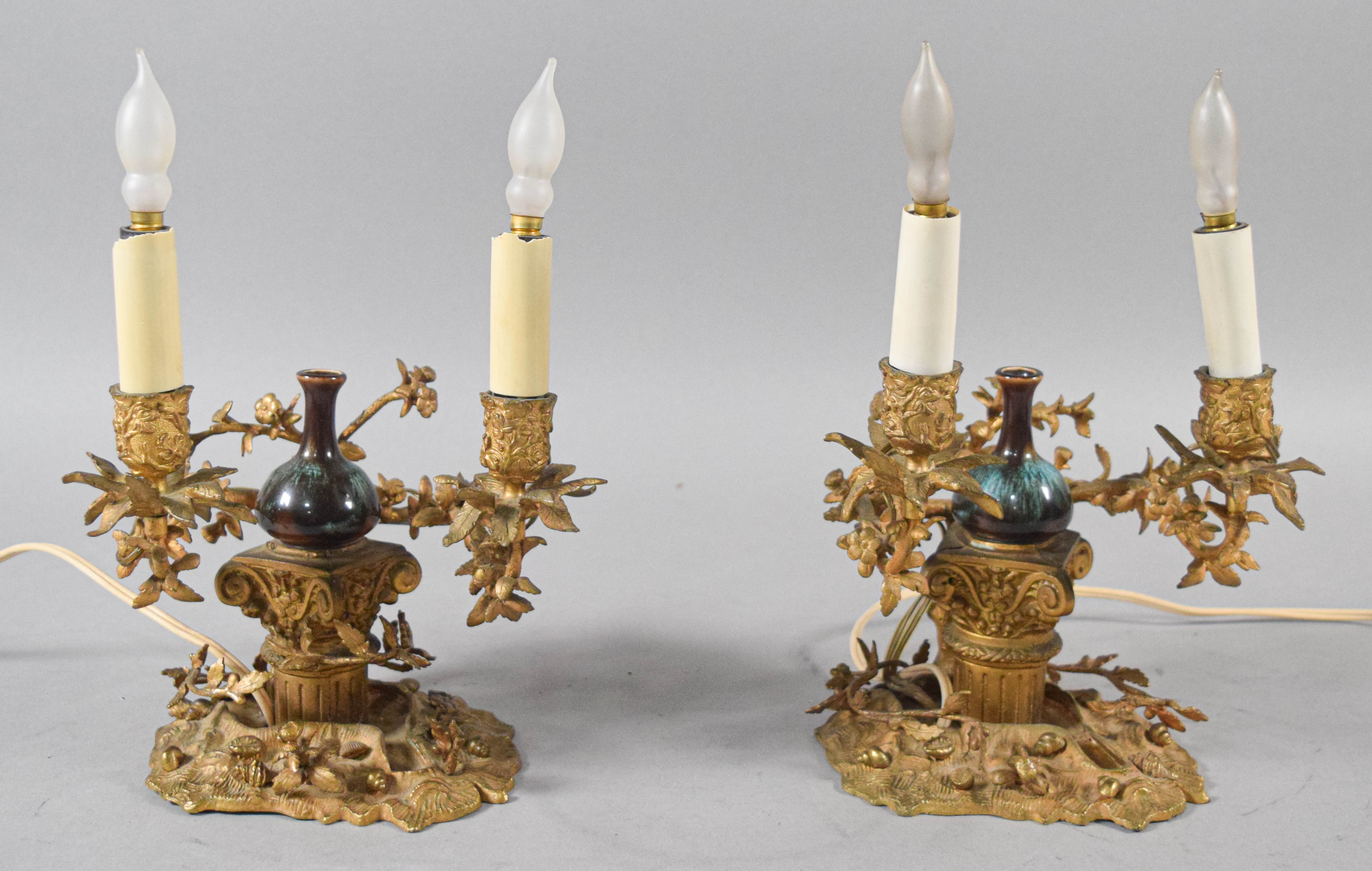 Pair of Victorian Style Gilt Metal and Ceramic Two-Light Table Lamps