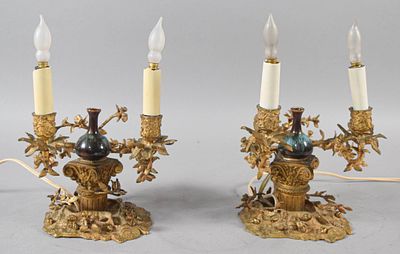 Pair of Victorian Style Gilt Metal and Ceramic Two-Light Table Lamps. Pair of two-light table 