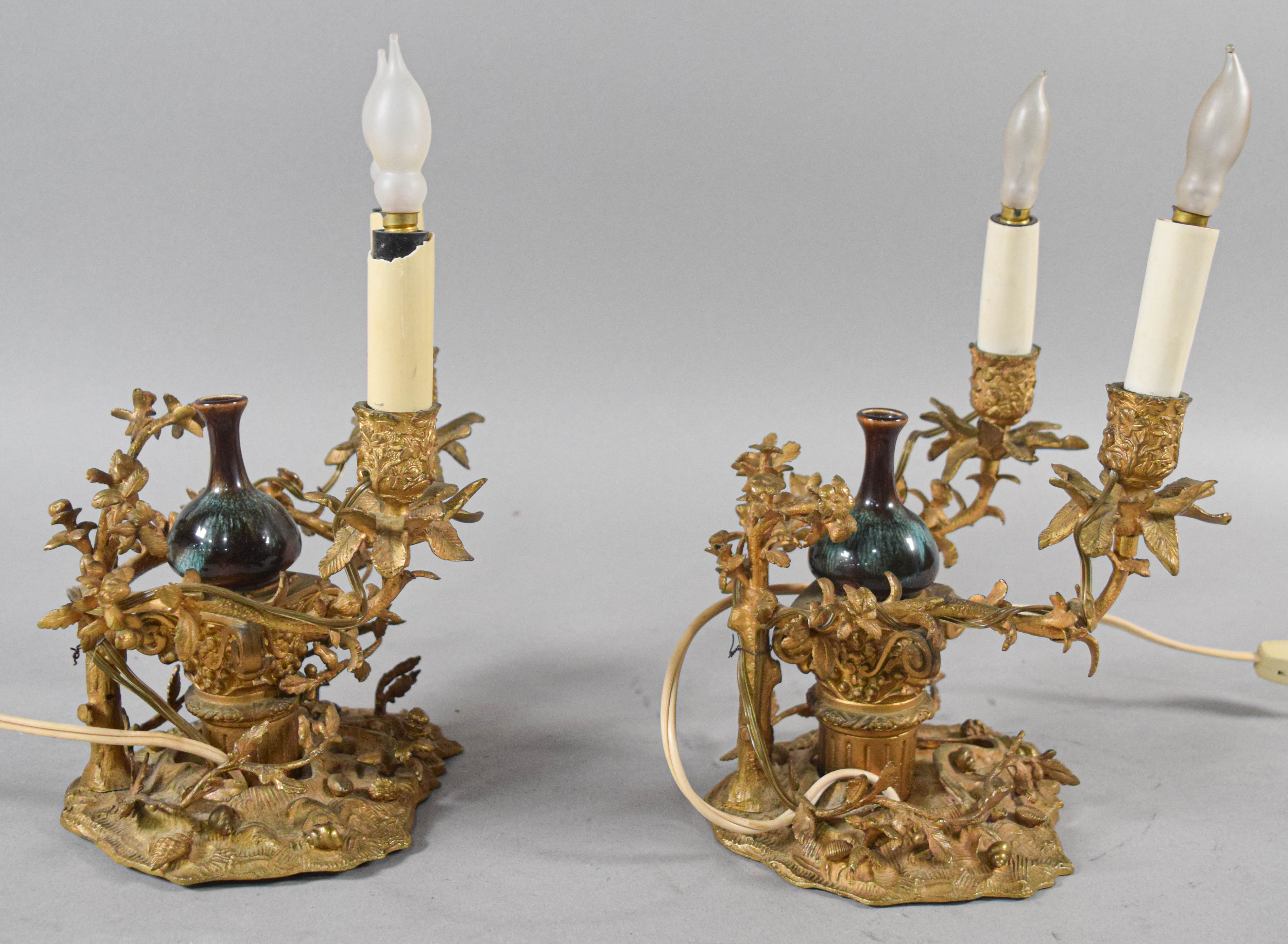 Pair of Victorian Style Gilt Metal and Ceramic Two-Light Table Lamps