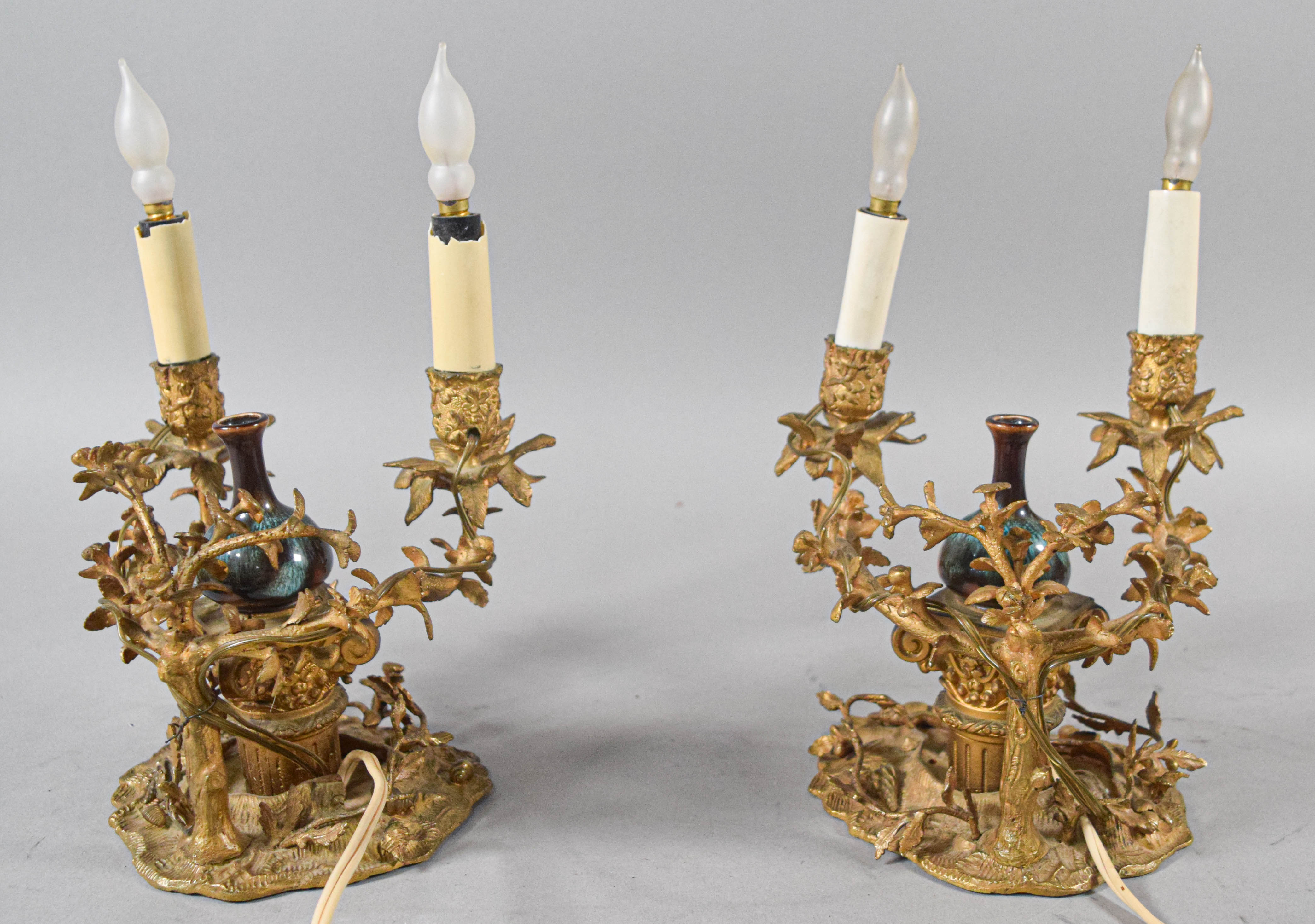 Pair of Victorian Style Gilt Metal and Ceramic Two-Light Table Lamps
