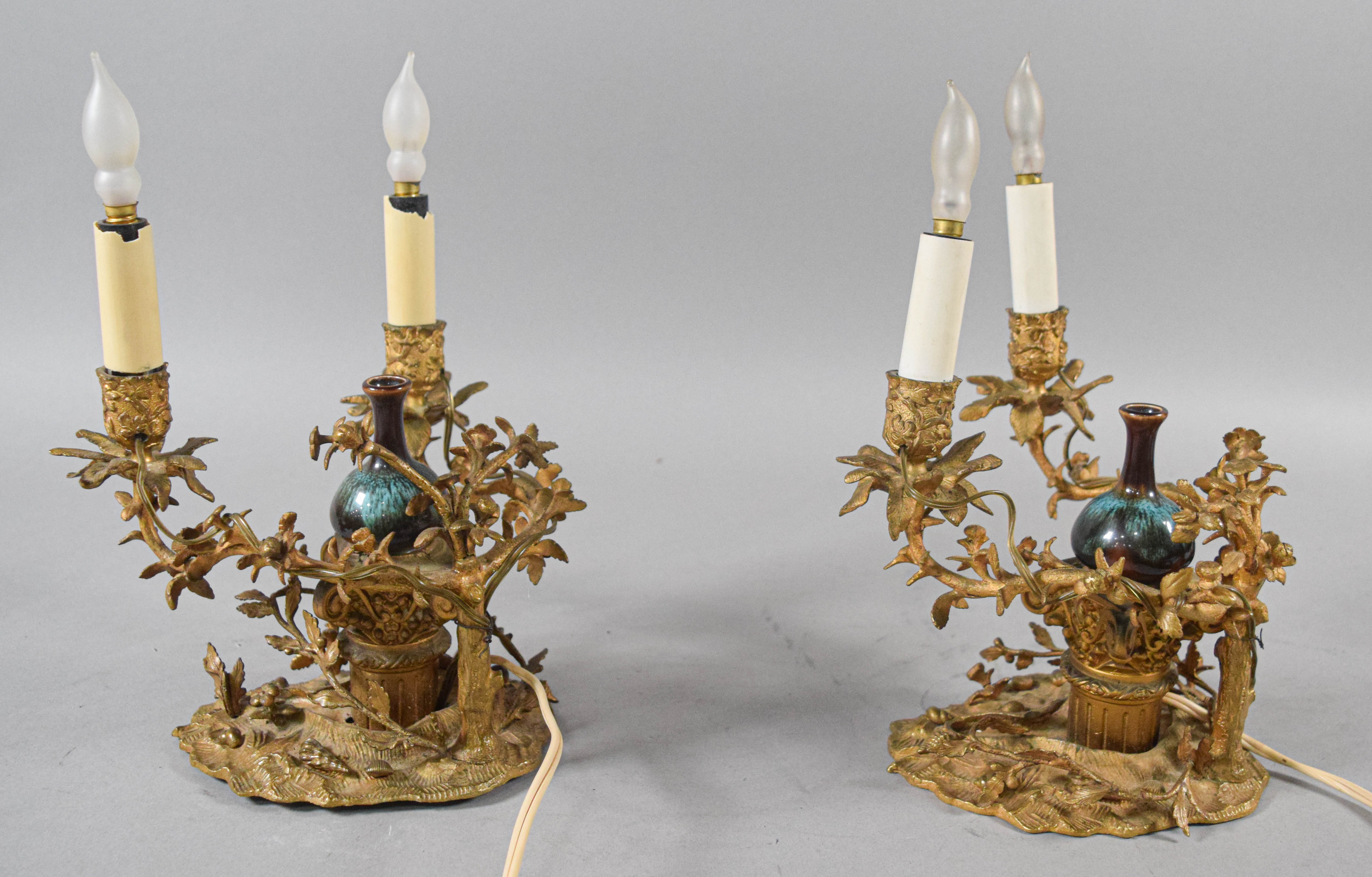 Pair of Victorian Style Gilt Metal and Ceramic Two-Light Table Lamps