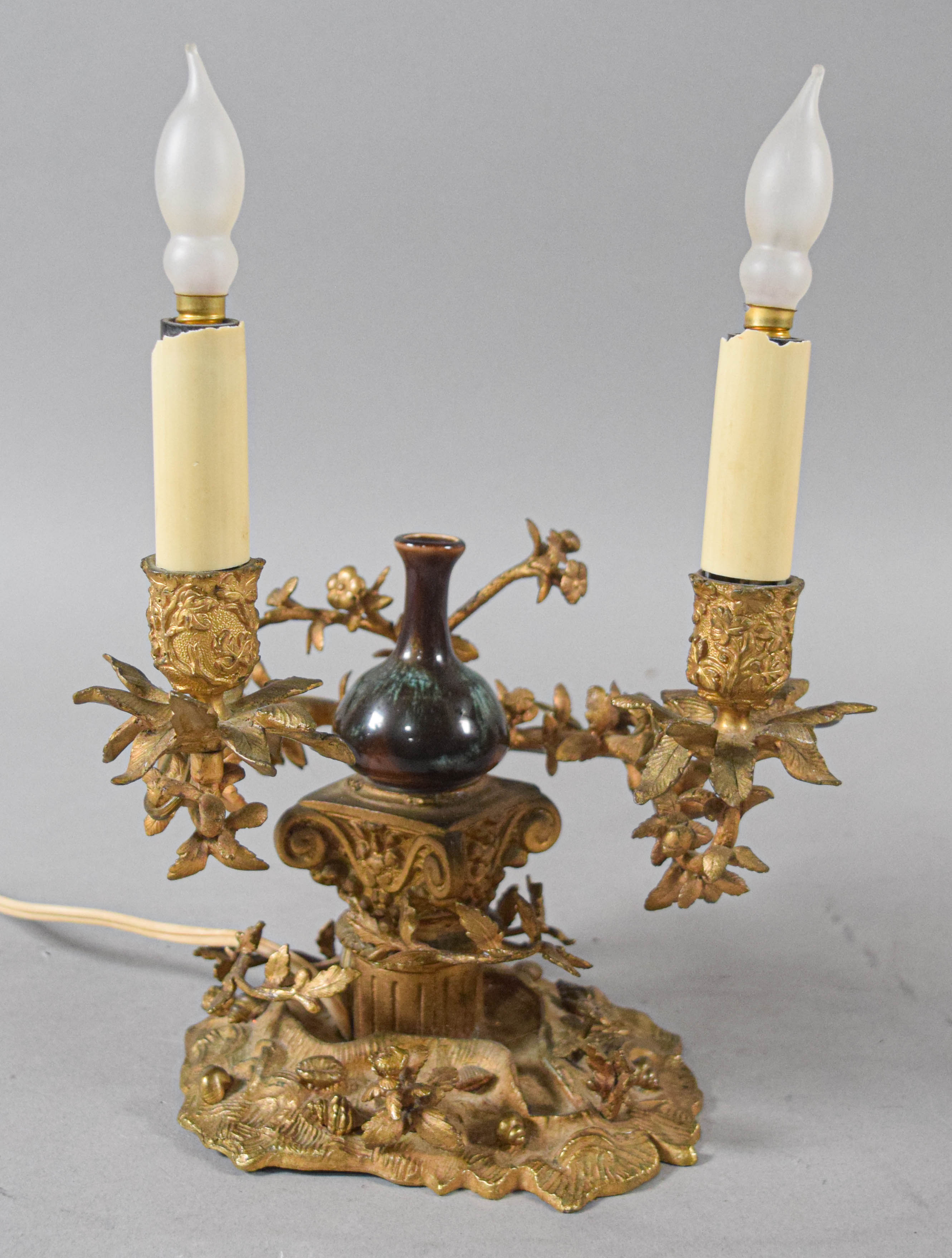 Pair of Victorian Style Gilt Metal and Ceramic Two-Light Table Lamps