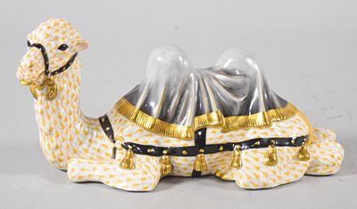 Herend Kingdom Classic Bactrian Camel in Orange Fishnet Pattern. Herend hand-painted porcelain 