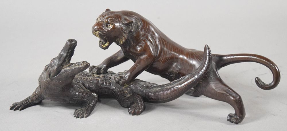 Lot 178: Japanese Meiji Style Bronze Sculpture of a Tiger and Crocodile