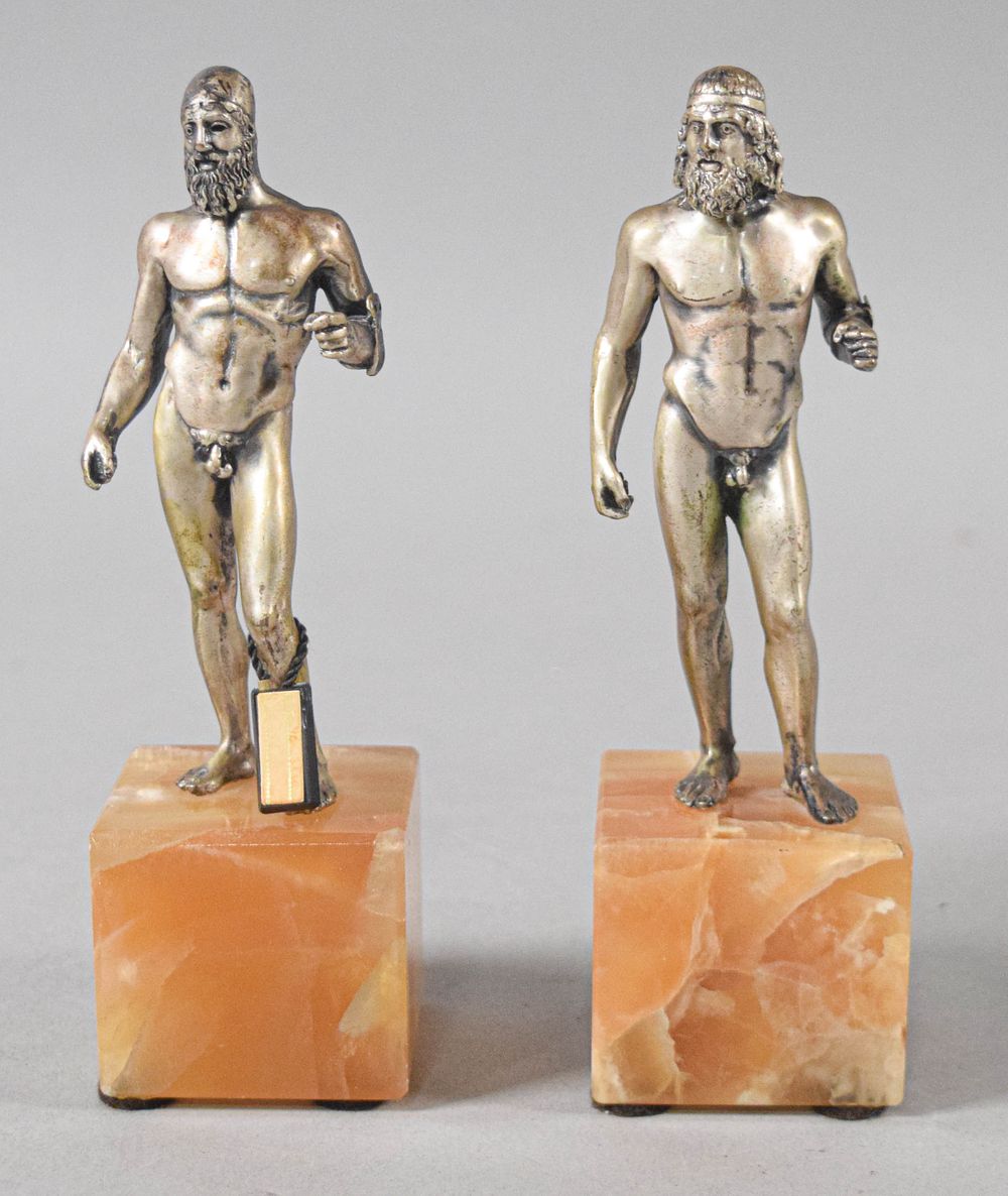 Lot 249: Pair of Italian Silvered Metal Riace Bronze Replicas on Quartz Bases