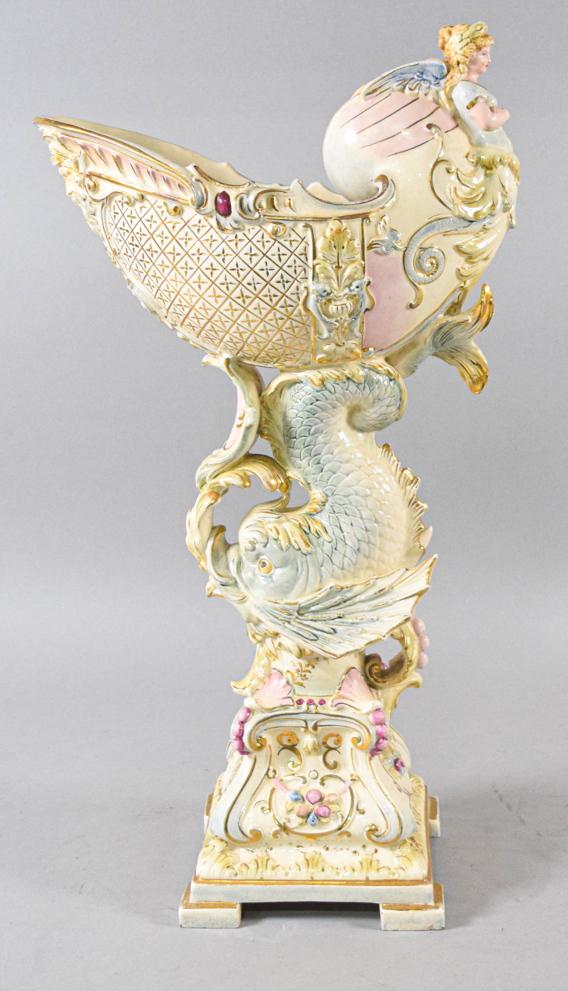 Late 19th Century Rococo Revival Majolica Nautilus Centerpiece Compote Attributed to Wilhelm Schiller and Son