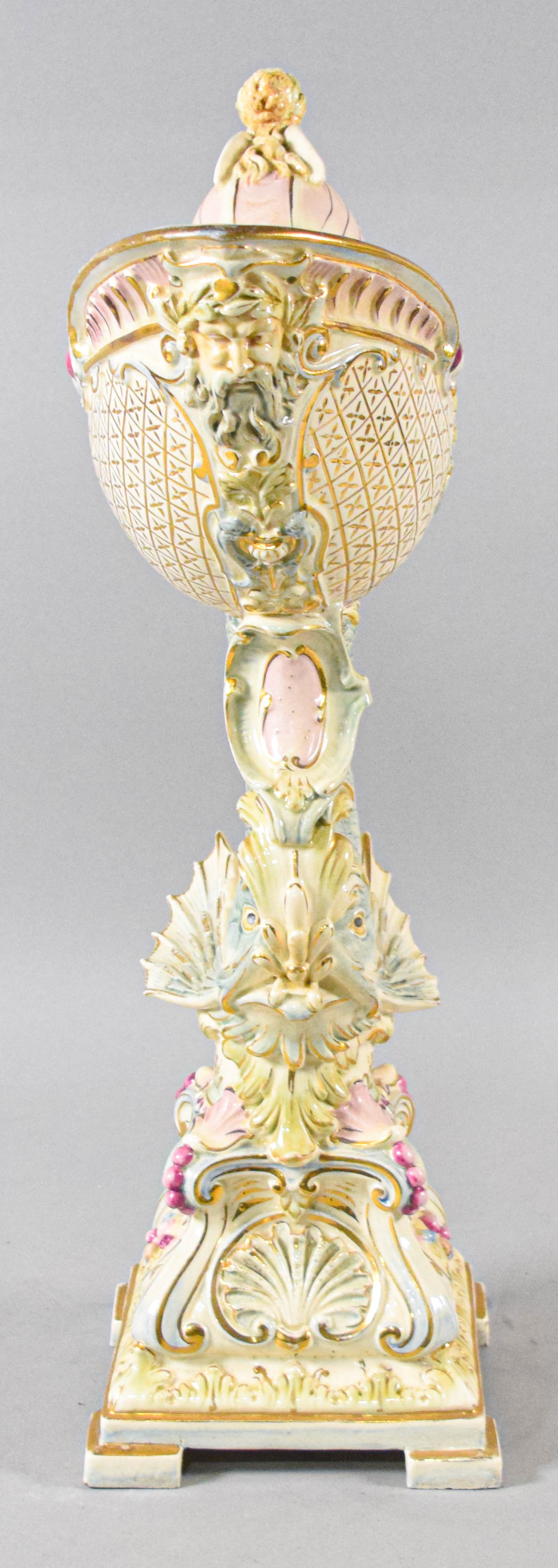 Late 19th Century Rococo Revival Majolica Nautilus Centerpiece Compote Attributed to Wilhelm Schiller and Son