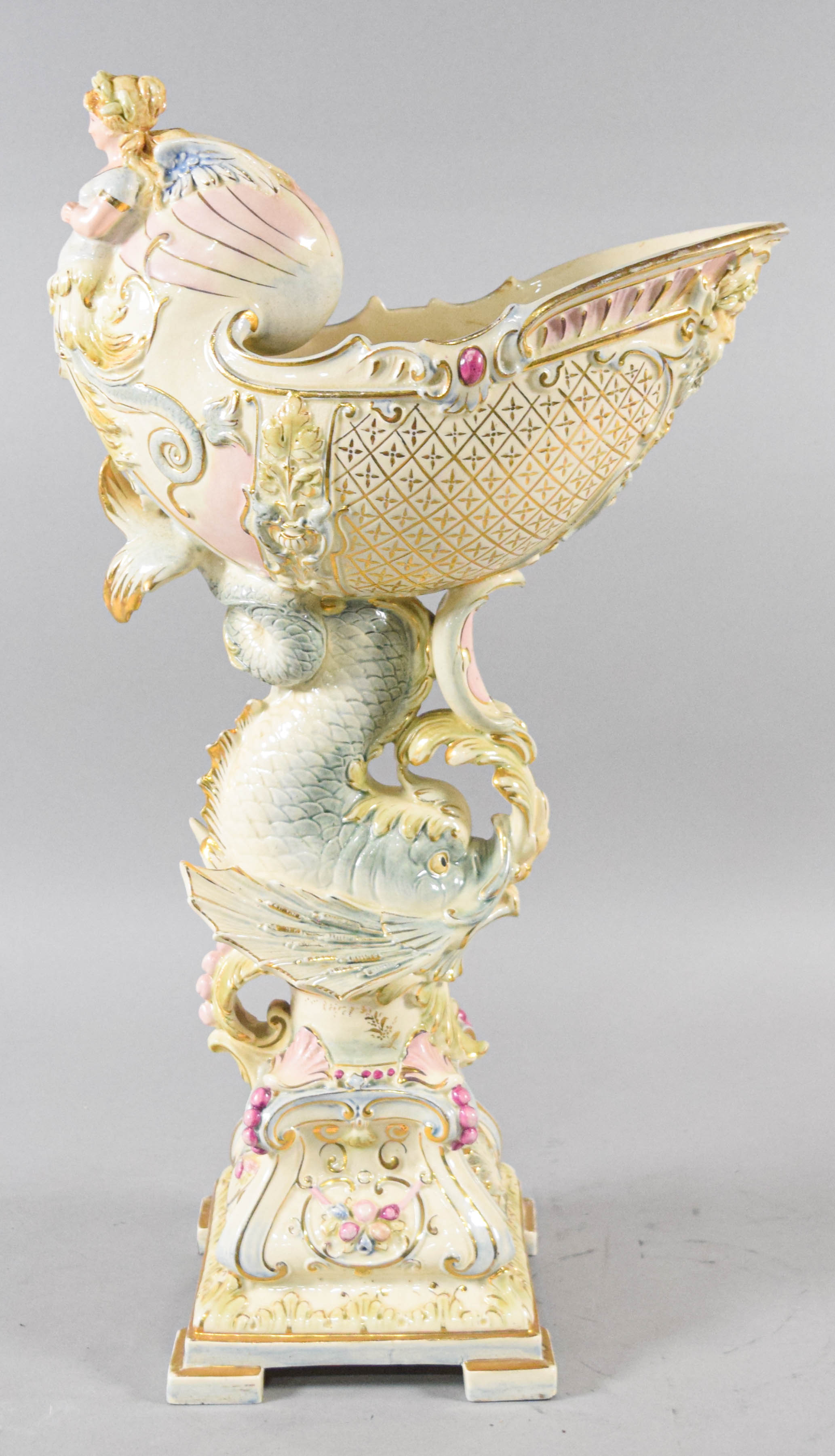 Late 19th Century Rococo Revival Majolica Nautilus Centerpiece Compote Attributed to Wilhelm Schiller and Son