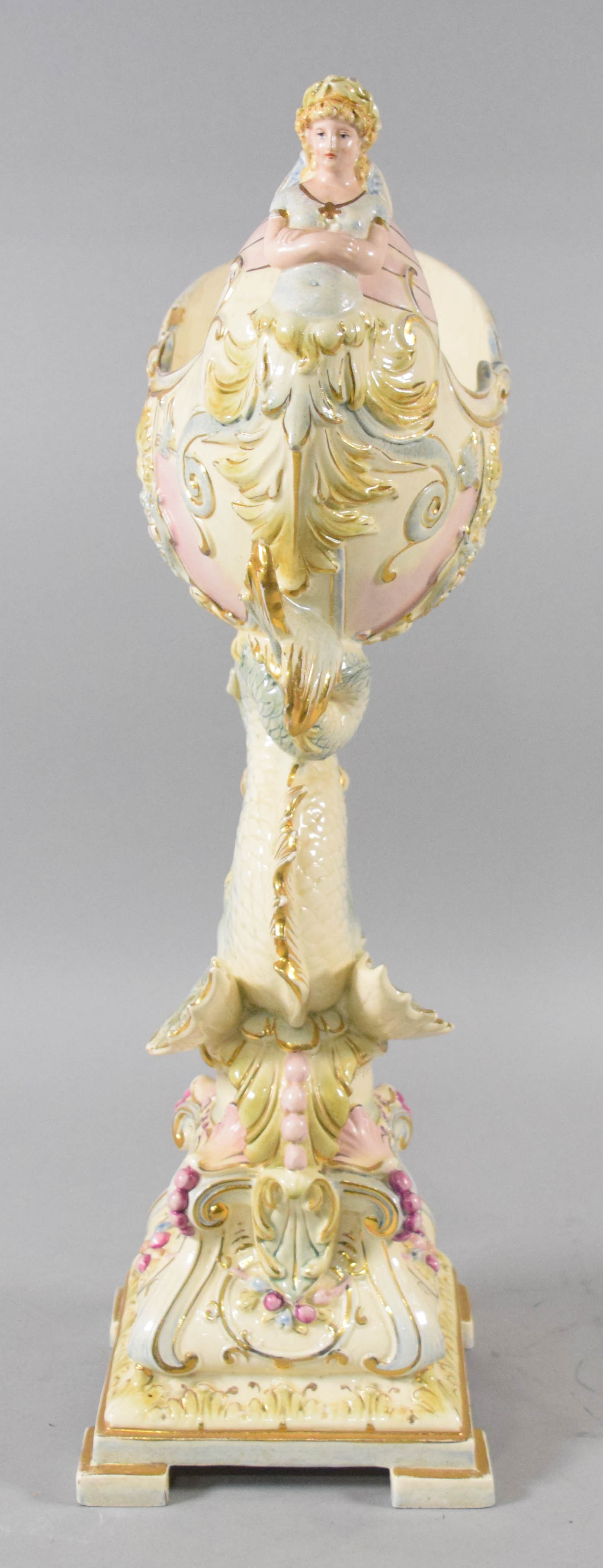 Late 19th Century Rococo Revival Majolica Nautilus Centerpiece Compote Attributed to Wilhelm Schiller and Son