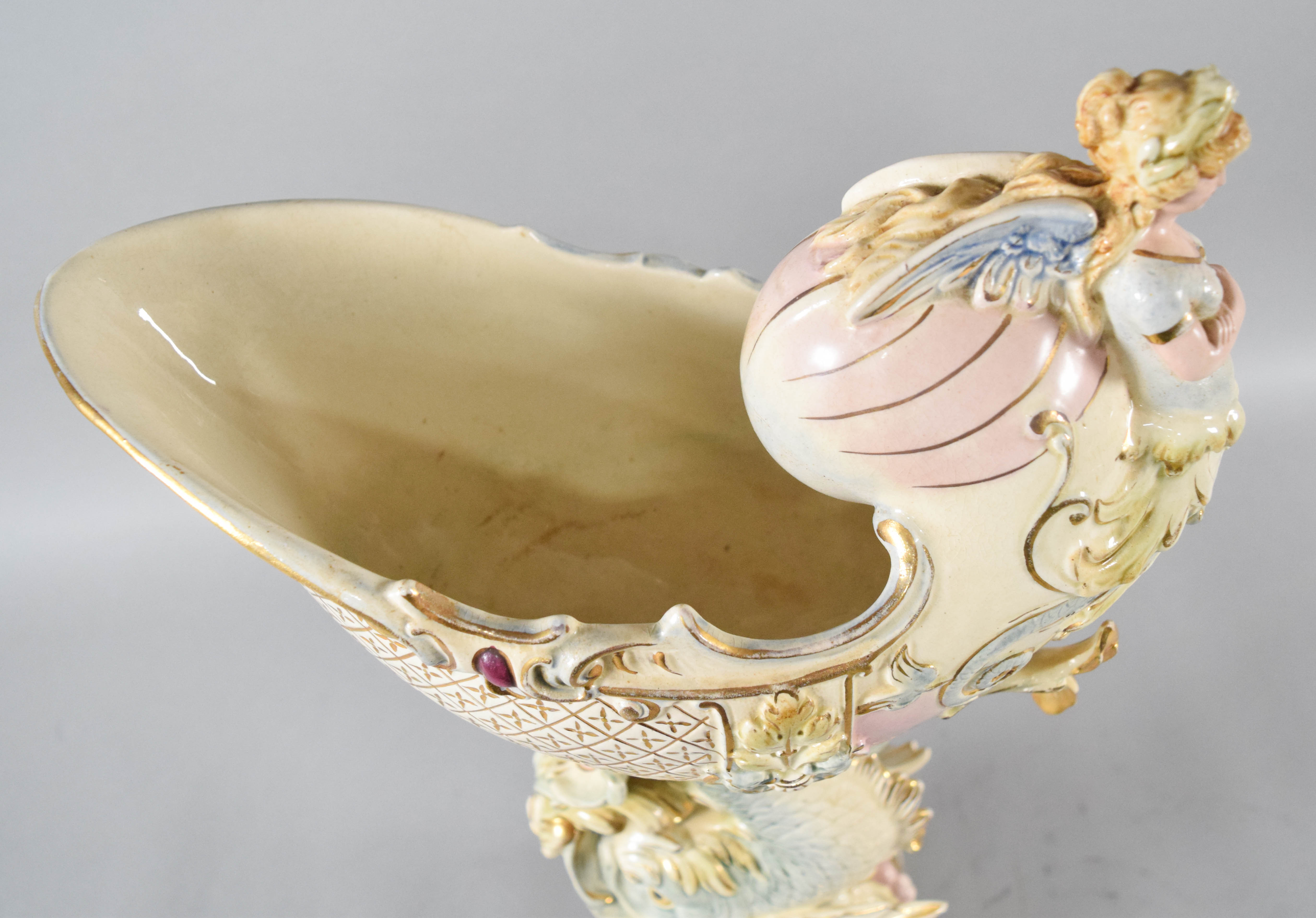 Late 19th Century Rococo Revival Majolica Nautilus Centerpiece Compote Attributed to Wilhelm Schiller and Son