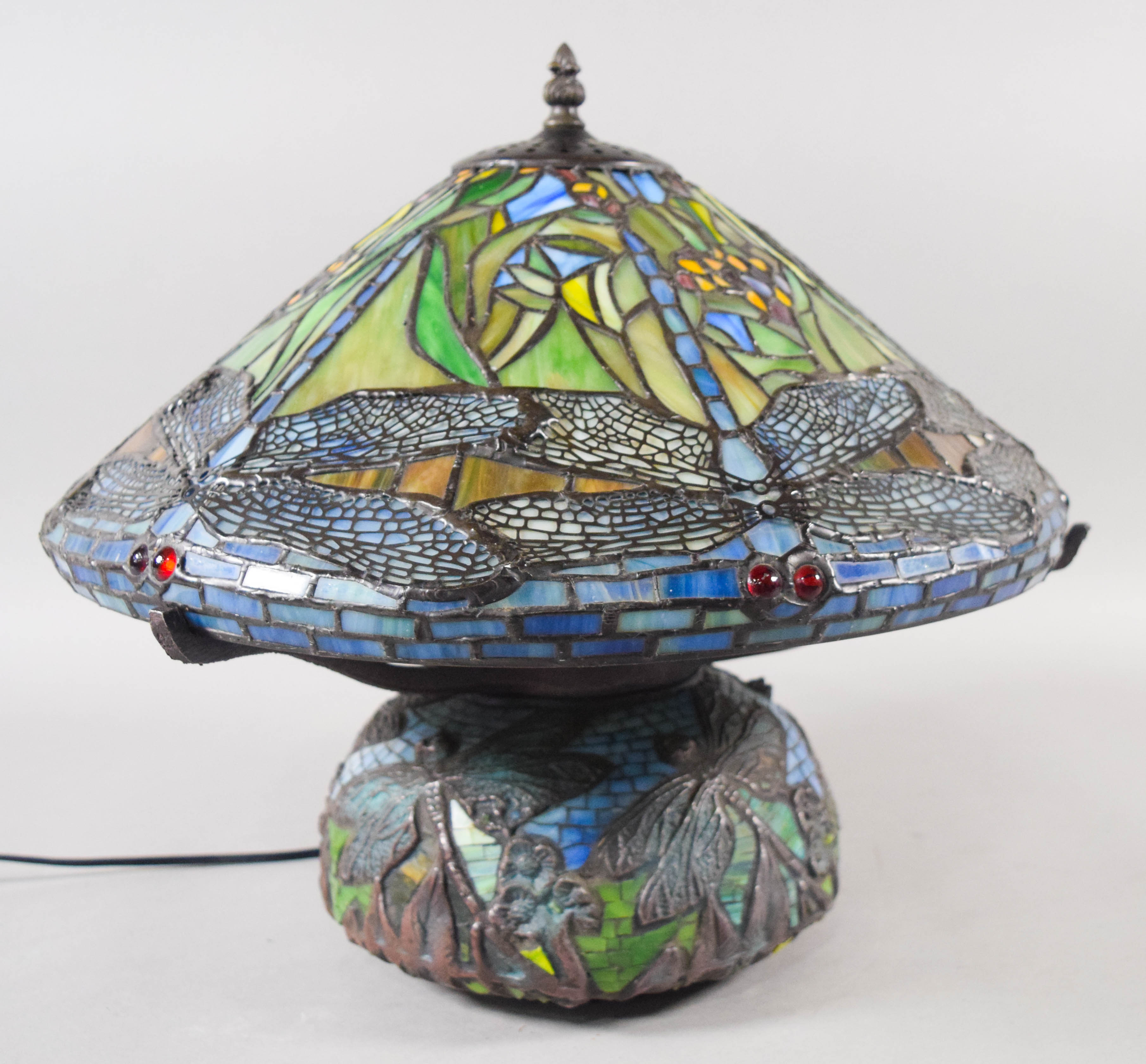 Tiffany Style Dragonfly Leaded Glass and Mosaic Tile Table Lamp