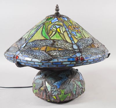 Tiffany Style Dragonfly Leaded Glass and Mosaic Tile Table Lamp. A Tiffany style table lamp 