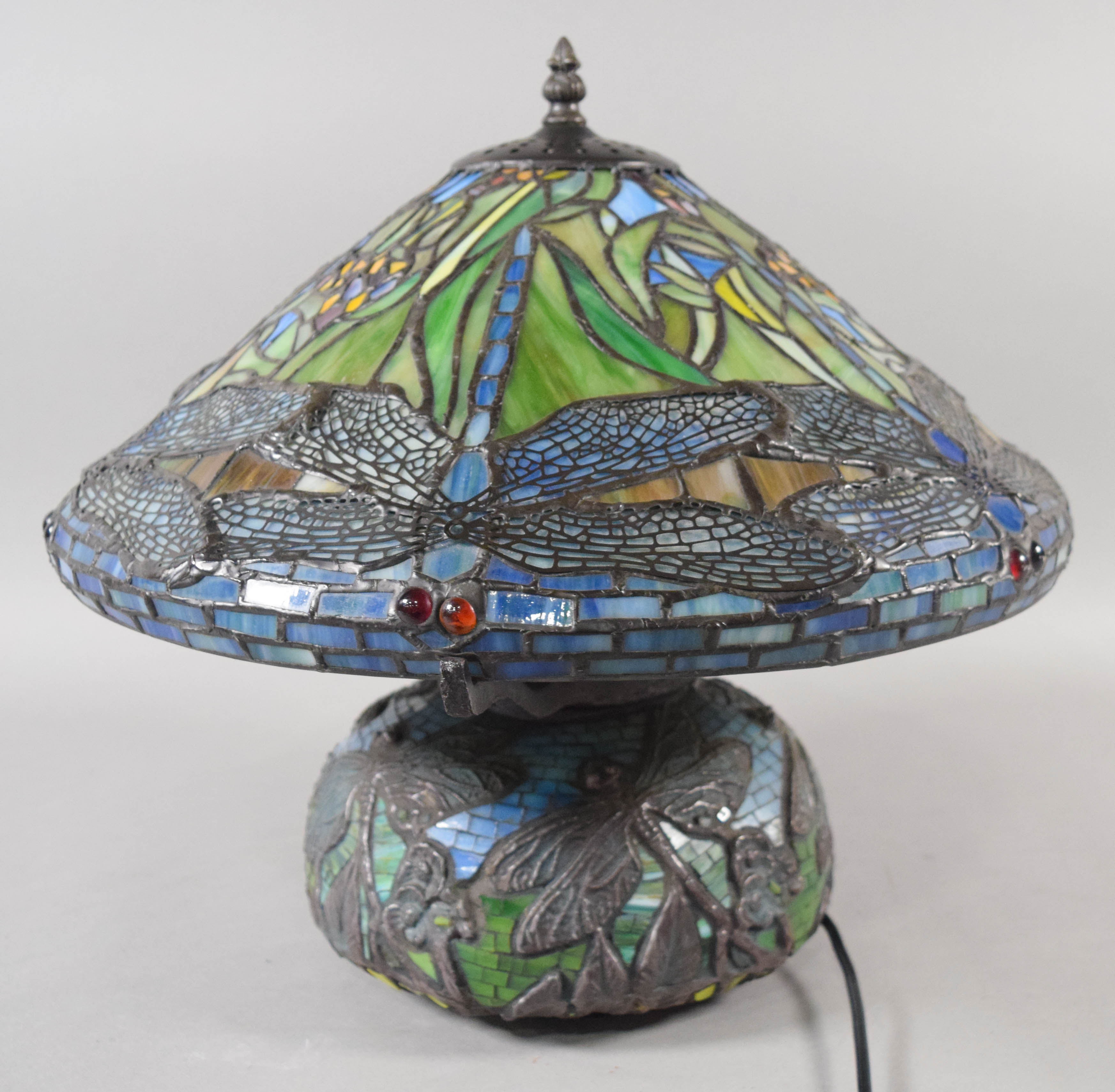 Tiffany Style Dragonfly Leaded Glass and Mosaic Tile Table Lamp