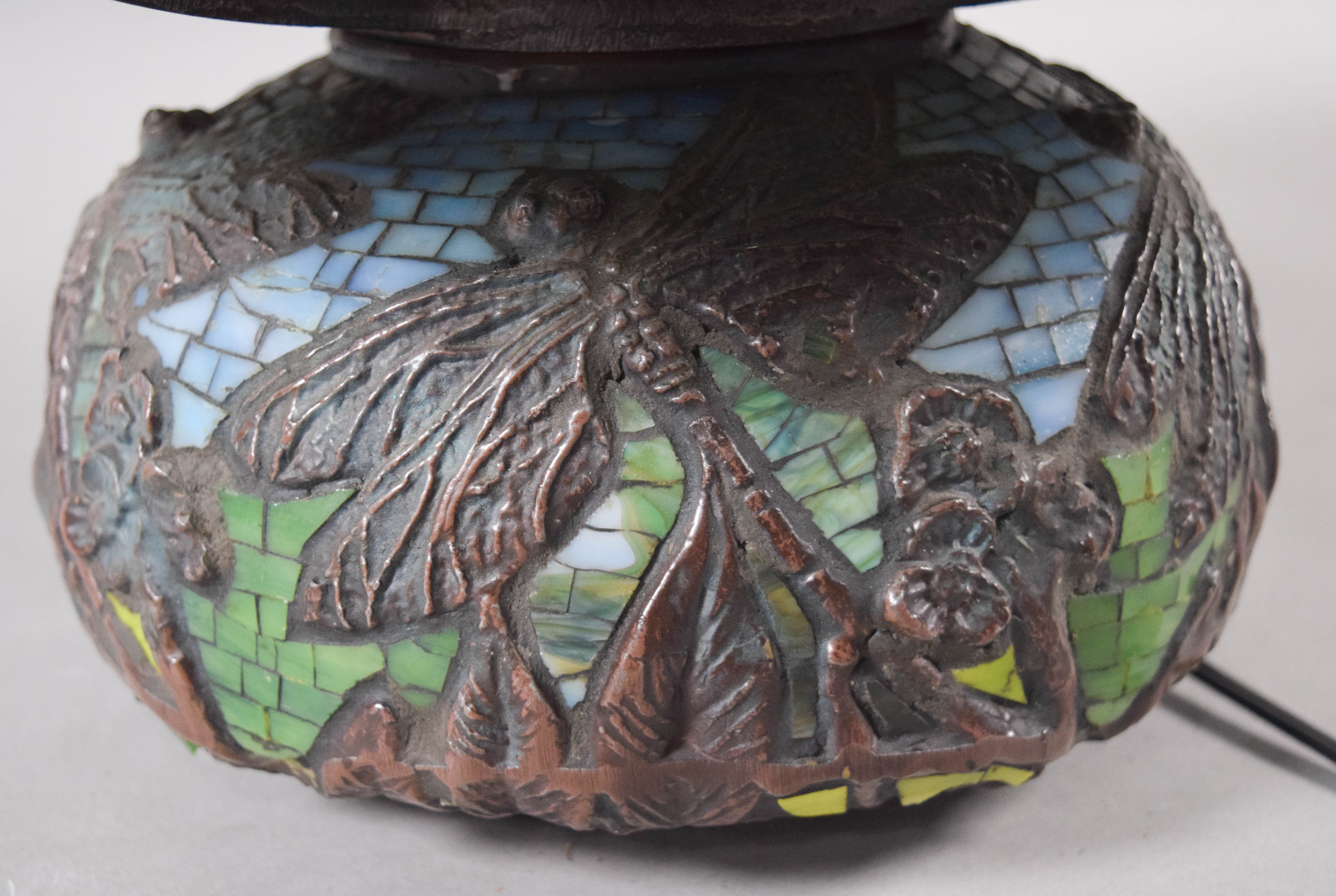 Tiffany Style Dragonfly Leaded Glass and Mosaic Tile Table Lamp