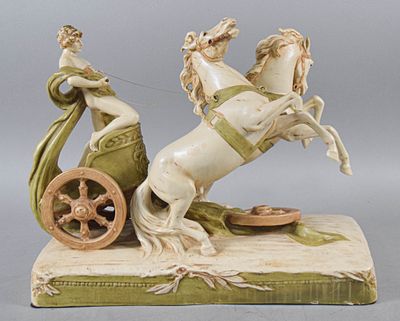 Large Neoclassical Glazed Porcelain Chariot Accident Figural Group. A large neoclassical-style 