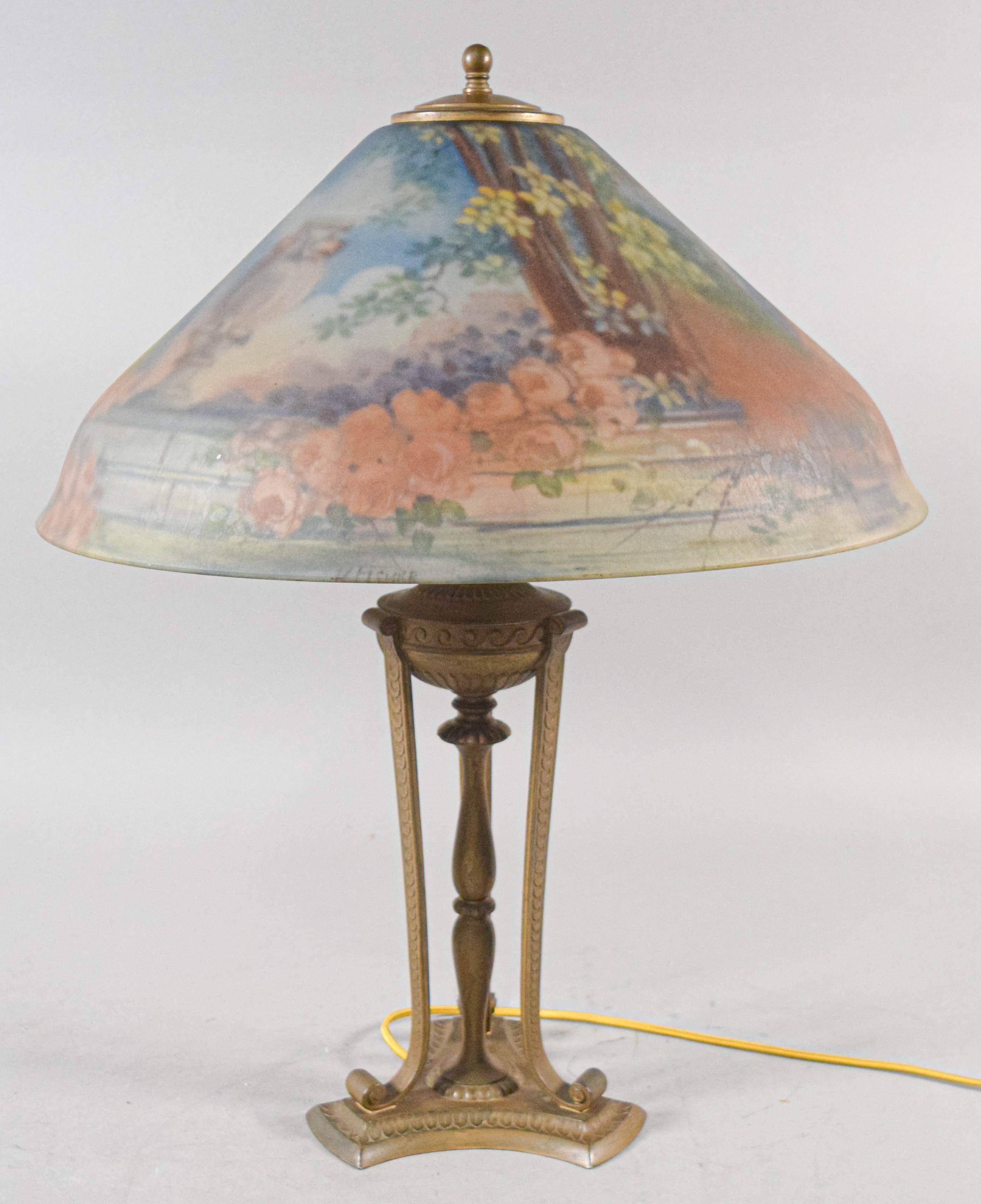 Pairpoint Reverse Painted Glass Table Lamp Signed H. Fisher