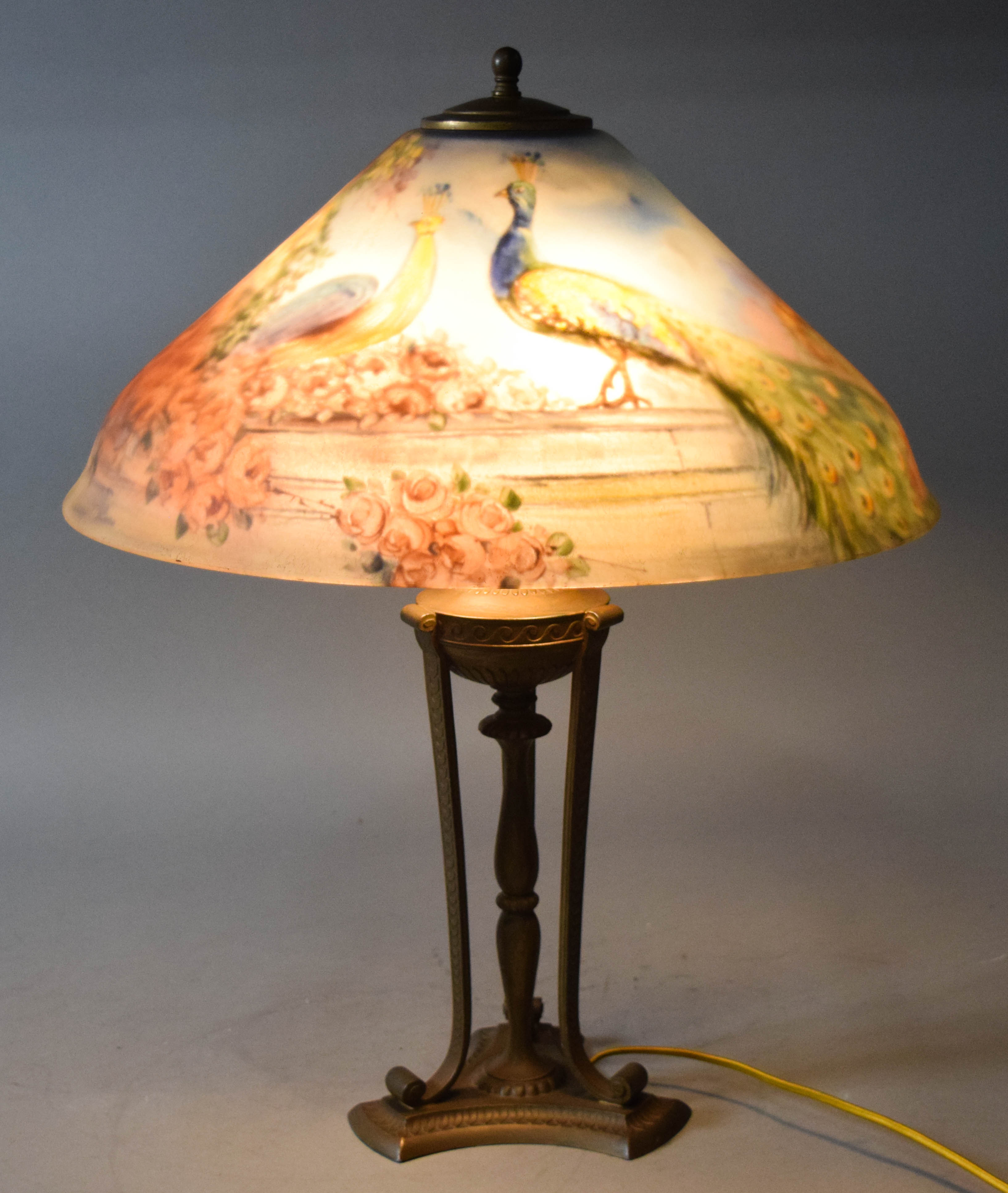 Pairpoint Reverse Painted Glass Table Lamp Signed H. Fisher