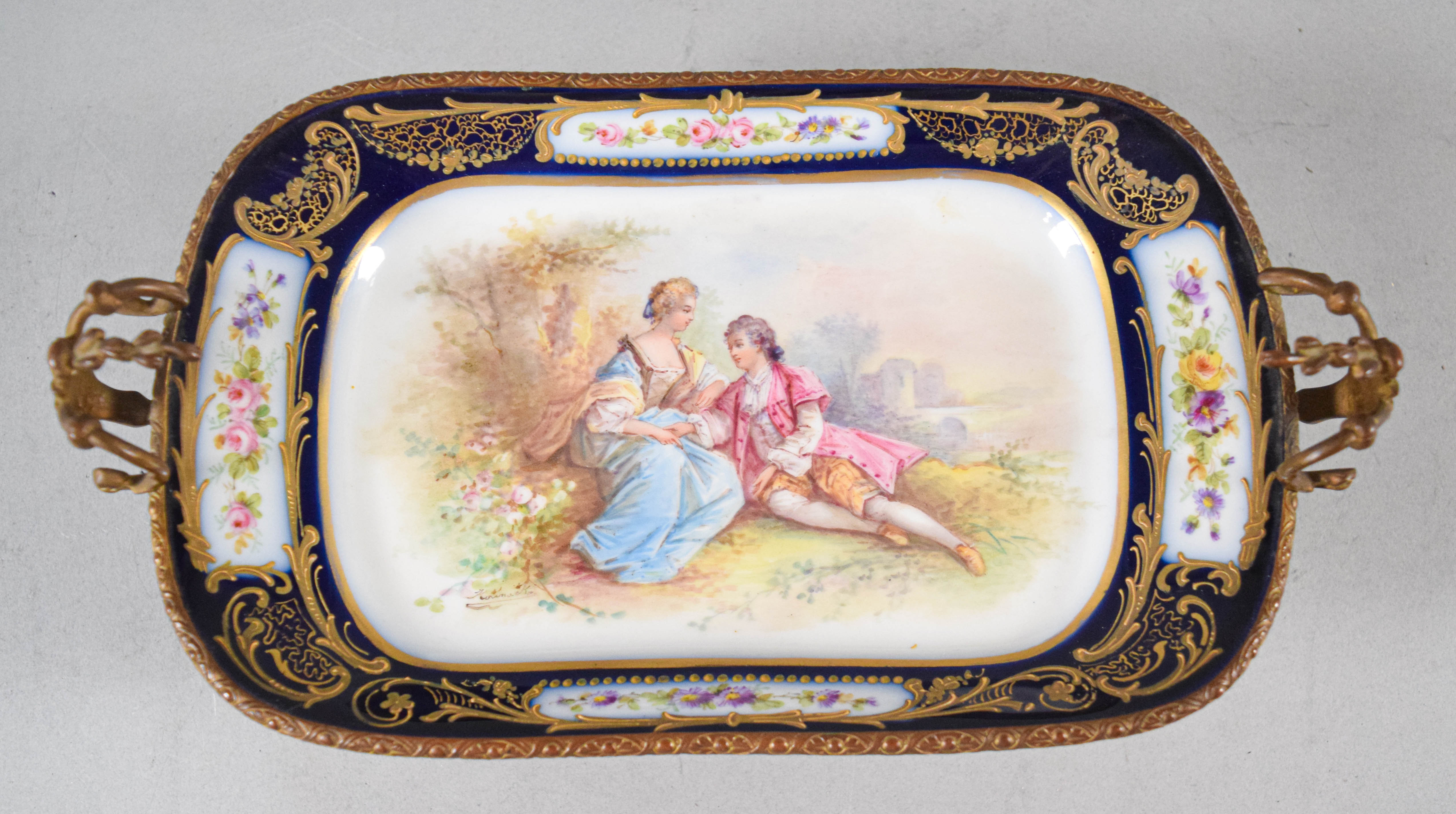 Sevres Style Gilt Bronze Mounted Porcelain Dish