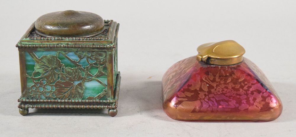 Lot 266: 2 Tiffany Style Inkwells Metal Overlay Iridescent Glass