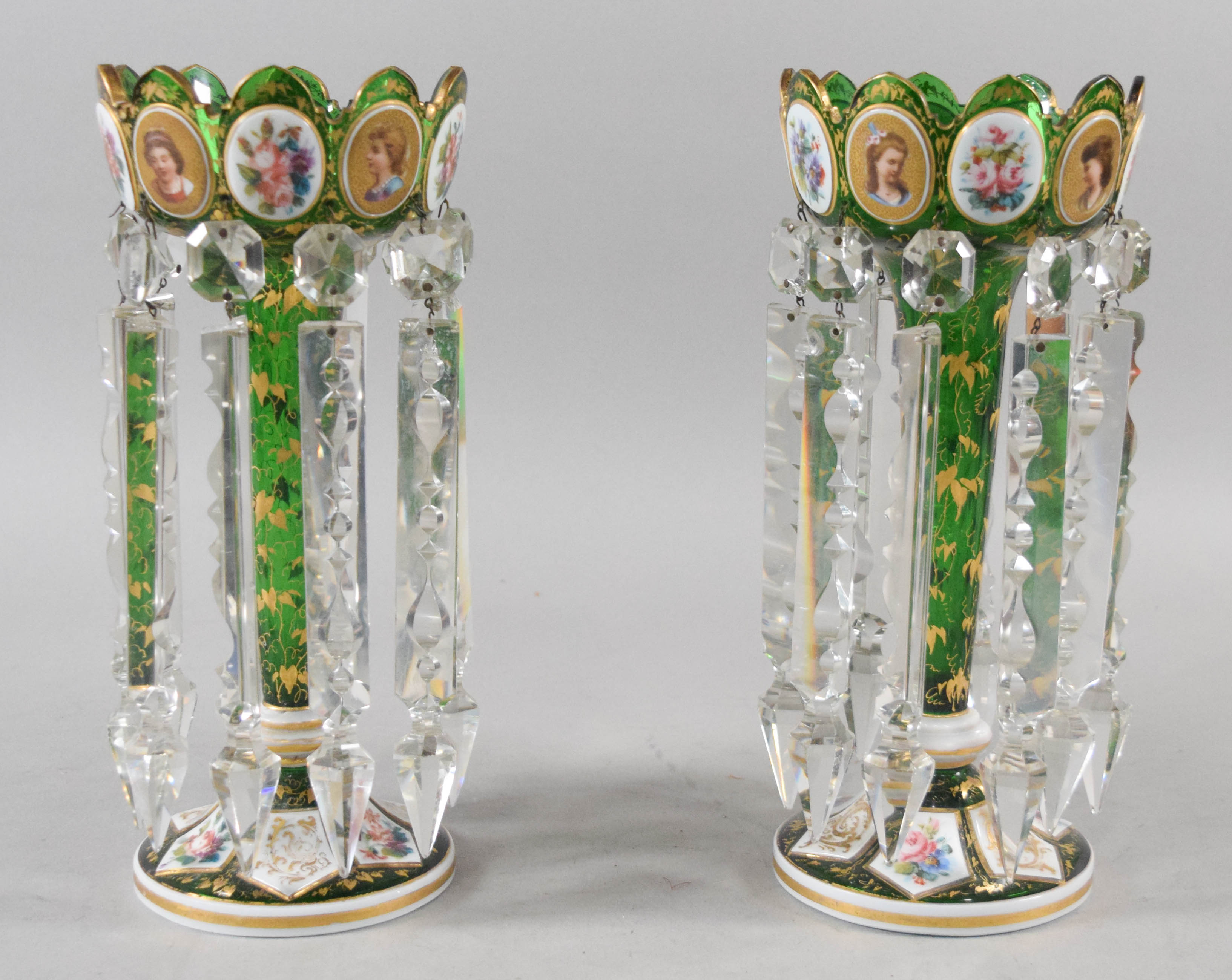 A Pair of Victorian Bohemian Emerald Green Cased Glass Lustres