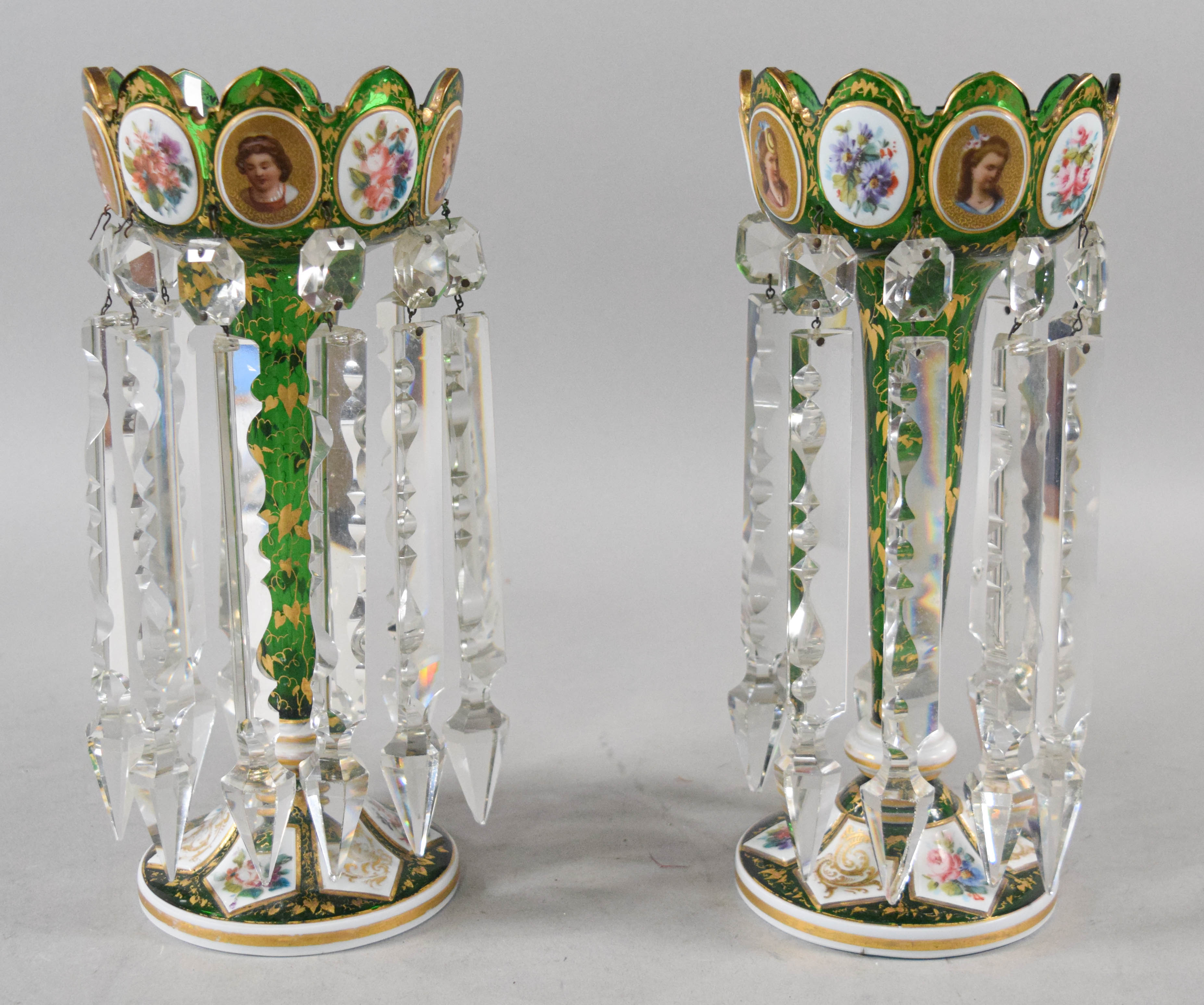 A Pair of Victorian Bohemian Emerald Green Cased Glass Lustres
