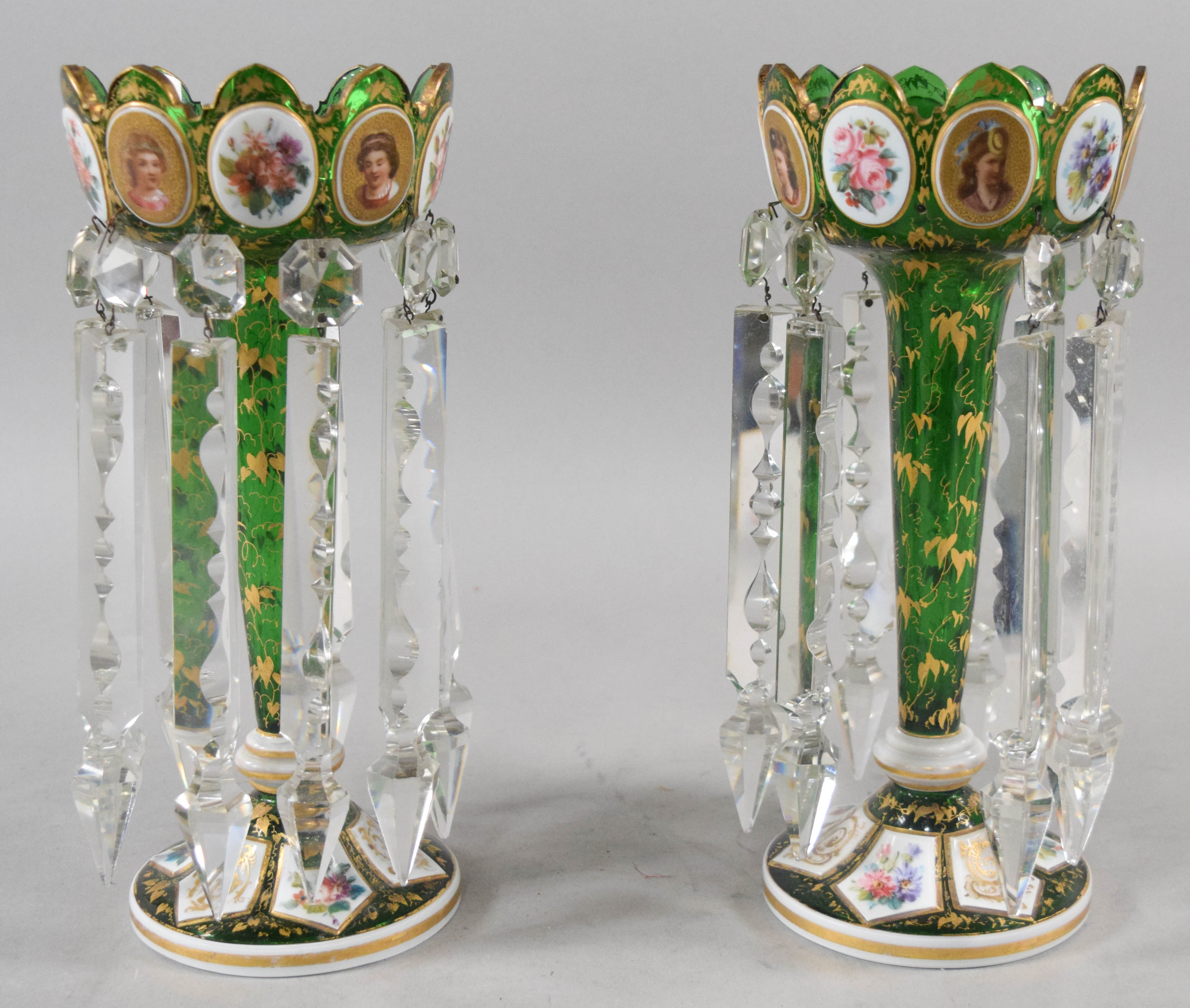 A Pair of Victorian Bohemian Emerald Green Cased Glass Lustres