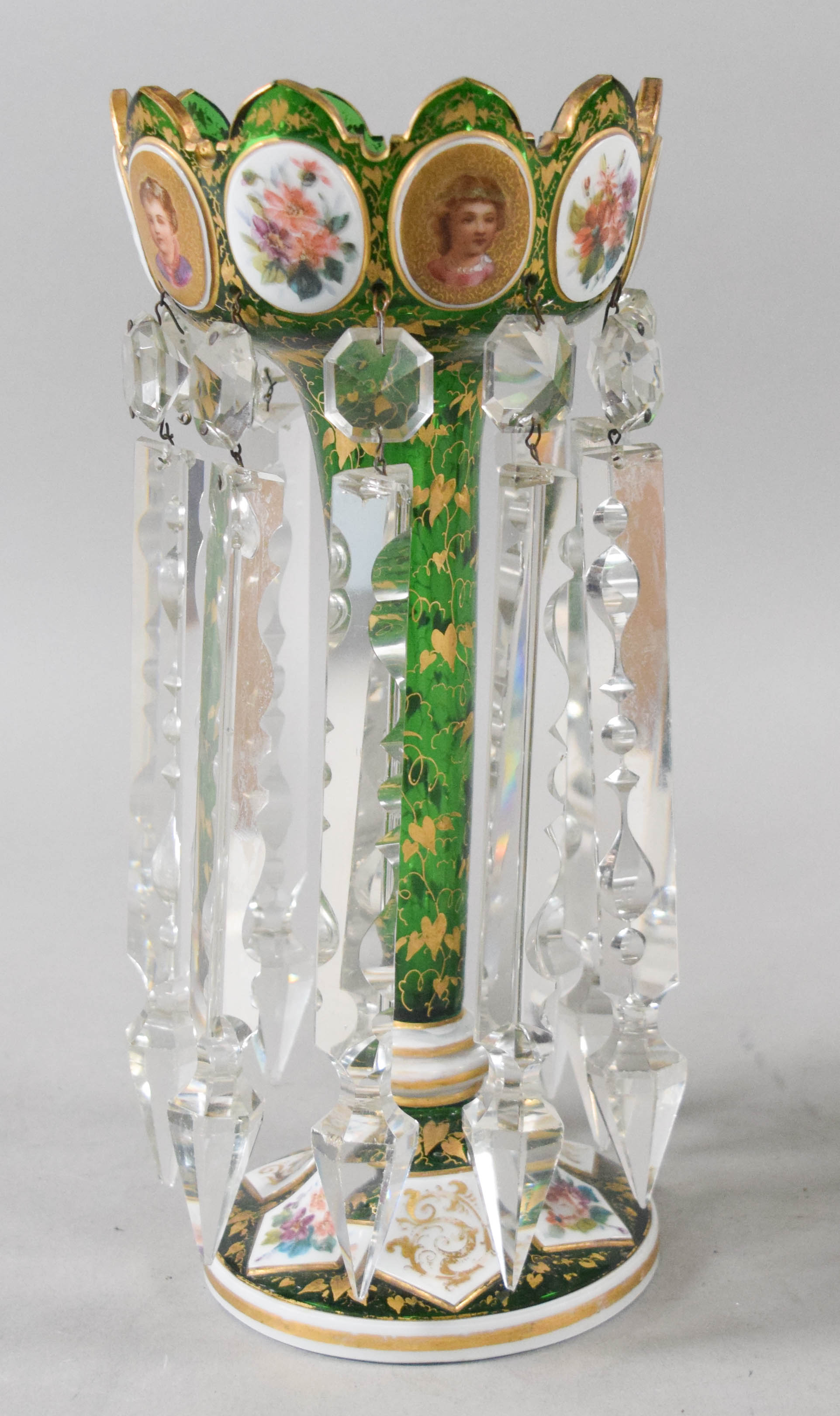 A Pair of Victorian Bohemian Emerald Green Cased Glass Lustres