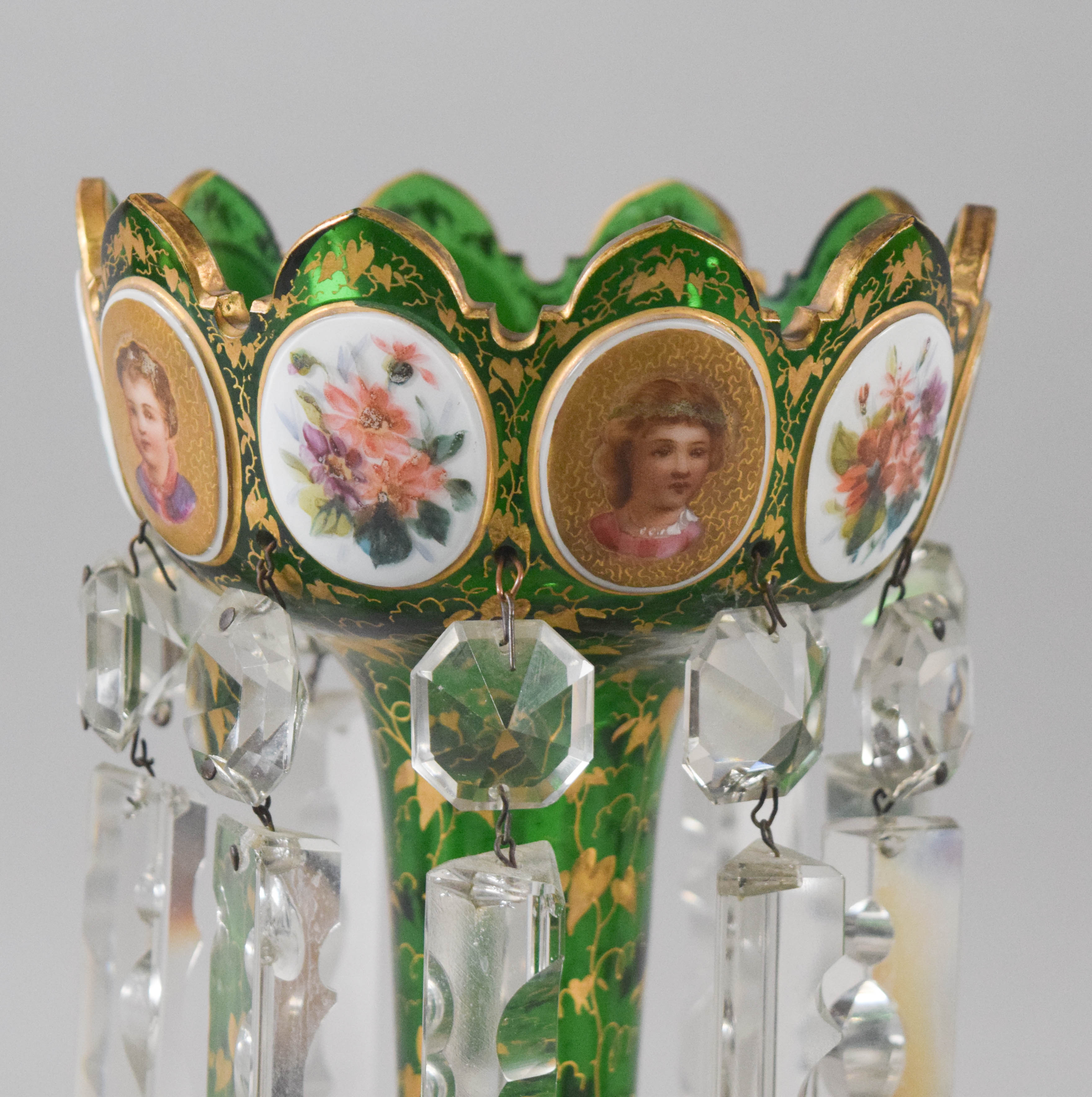 A Pair of Victorian Bohemian Emerald Green Cased Glass Lustres