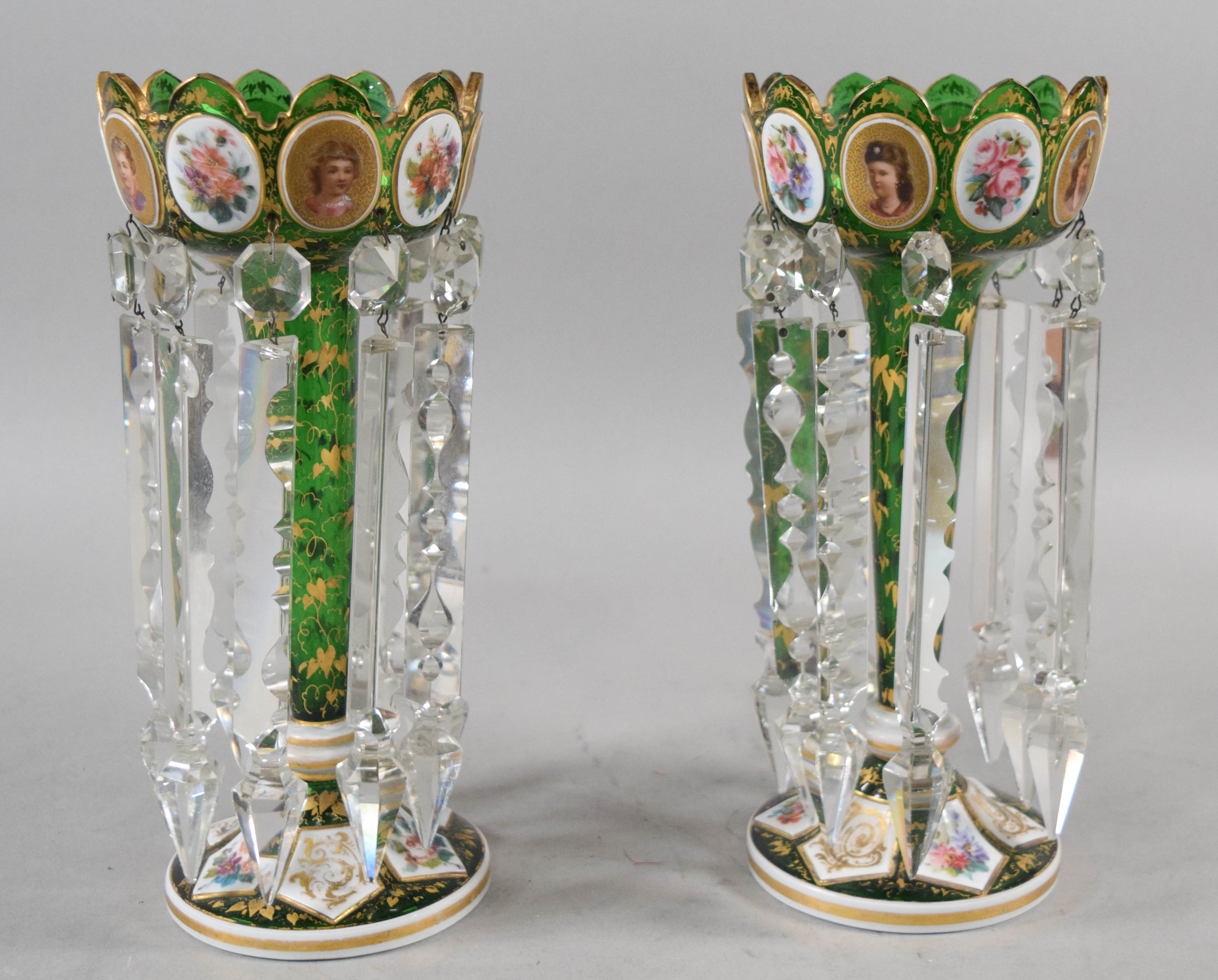 A Pair of Victorian Bohemian Emerald Green Cased Glass Lustres