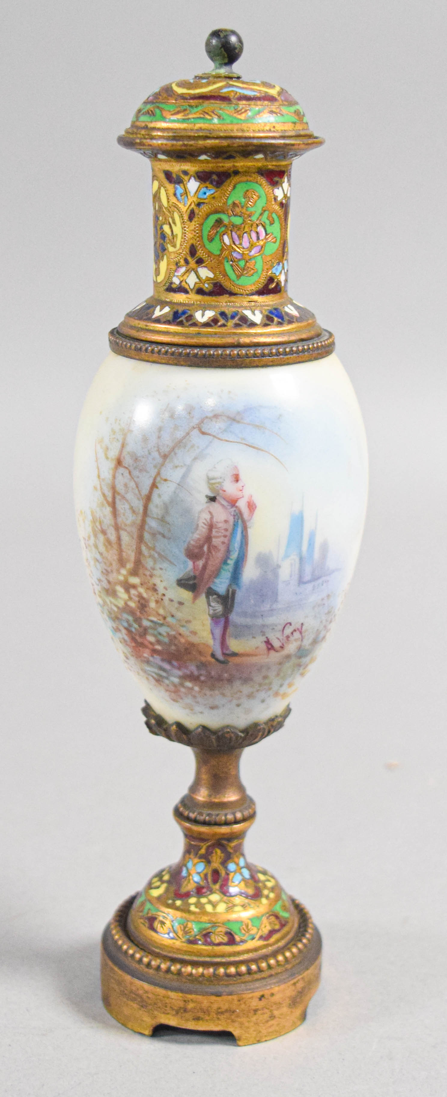 Sevres Style Champleve Enamel and Painted Porcelain Cabinet Vase with Cover