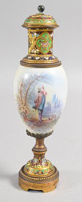 Sevres Style Champleve Enamel and Painted Porcelain Cabinet Vase with Cover. A small, footed 
