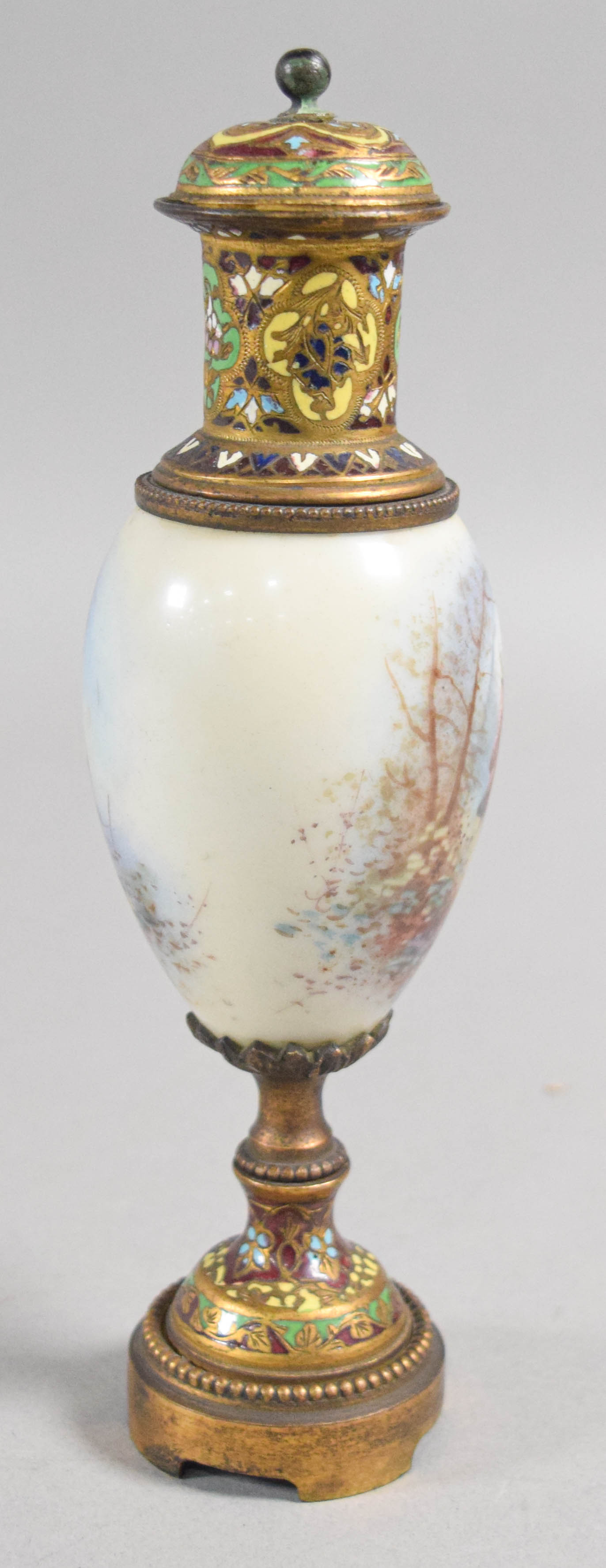 Sevres Style Champleve Enamel and Painted Porcelain Cabinet Vase with Cover