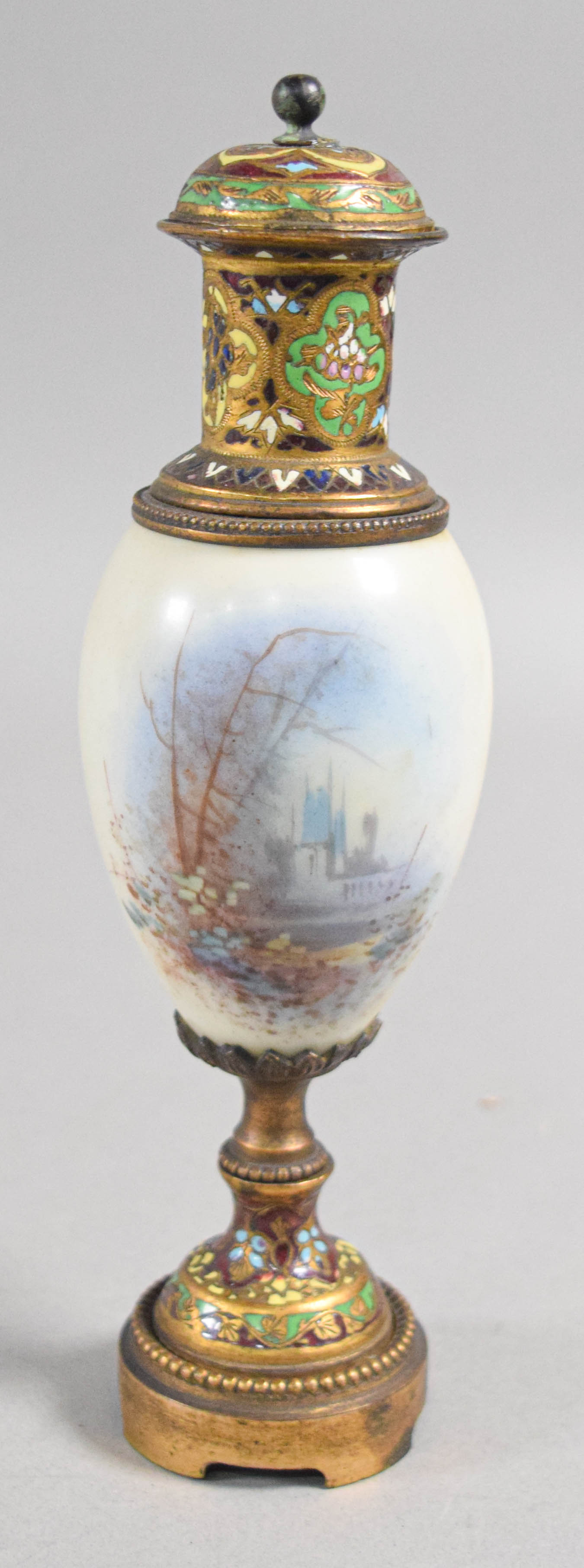 Sevres Style Champleve Enamel and Painted Porcelain Cabinet Vase with Cover