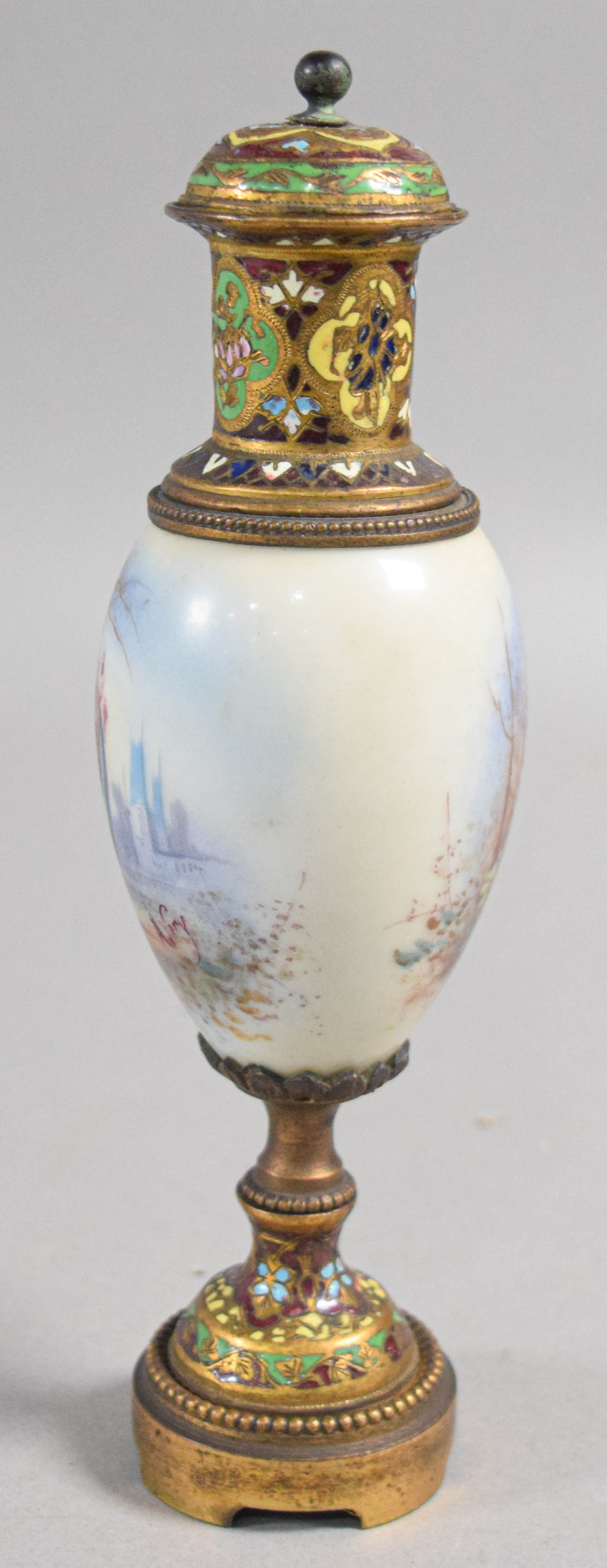 Sevres Style Champleve Enamel and Painted Porcelain Cabinet Vase with Cover