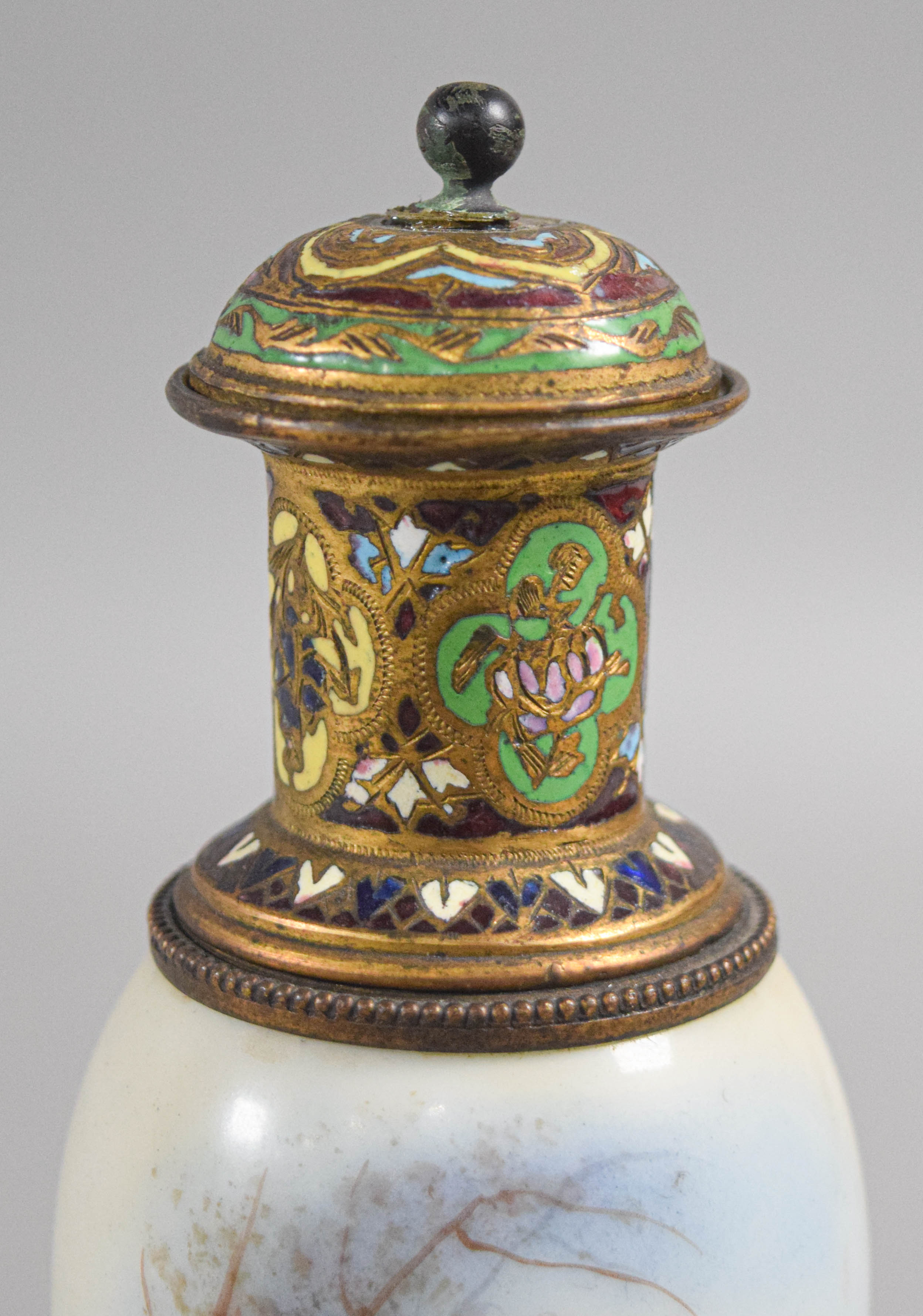 Sevres Style Champleve Enamel and Painted Porcelain Cabinet Vase with Cover