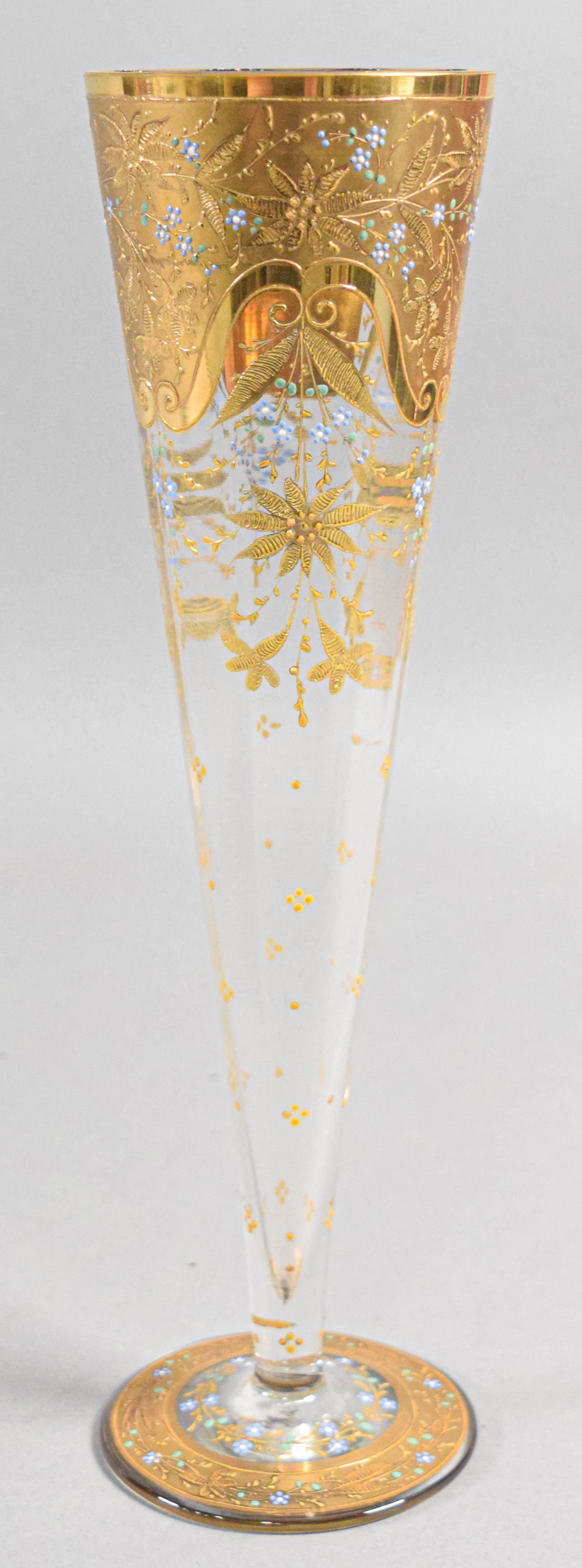 Bohemian Gilded and Enameled Faceted Glass Trumpet Vase