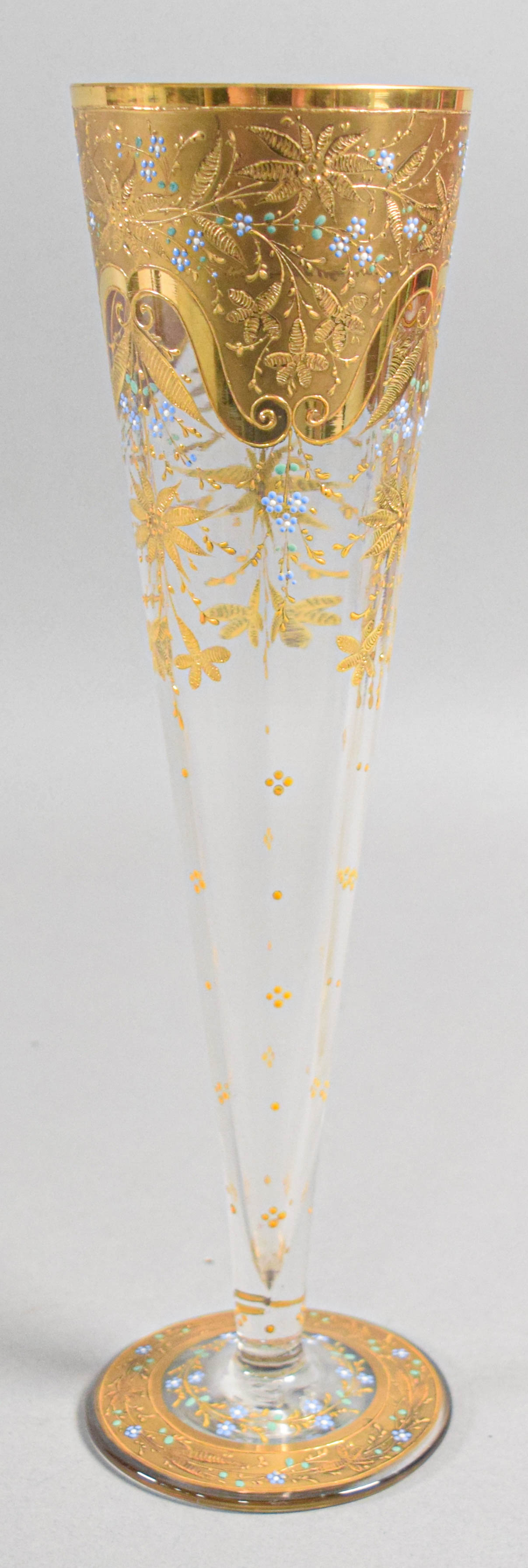 Bohemian Gilded and Enameled Faceted Glass Trumpet Vase