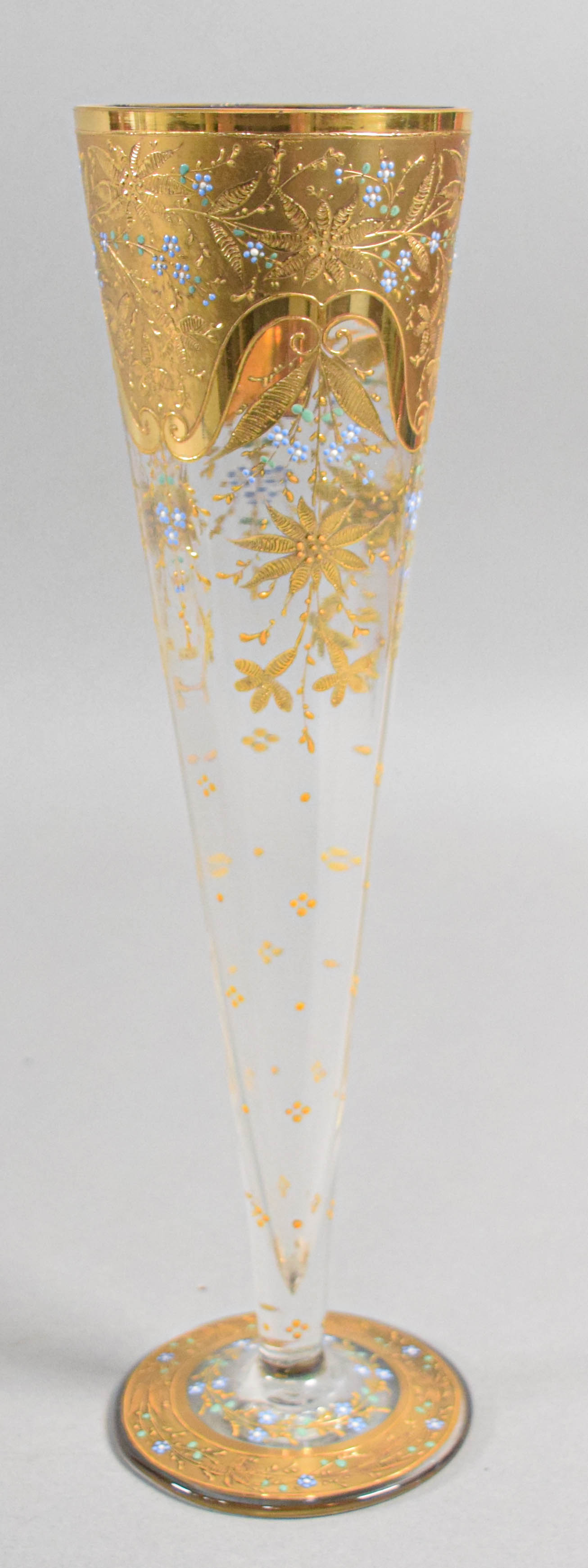 Bohemian Gilded and Enameled Faceted Glass Trumpet Vase
