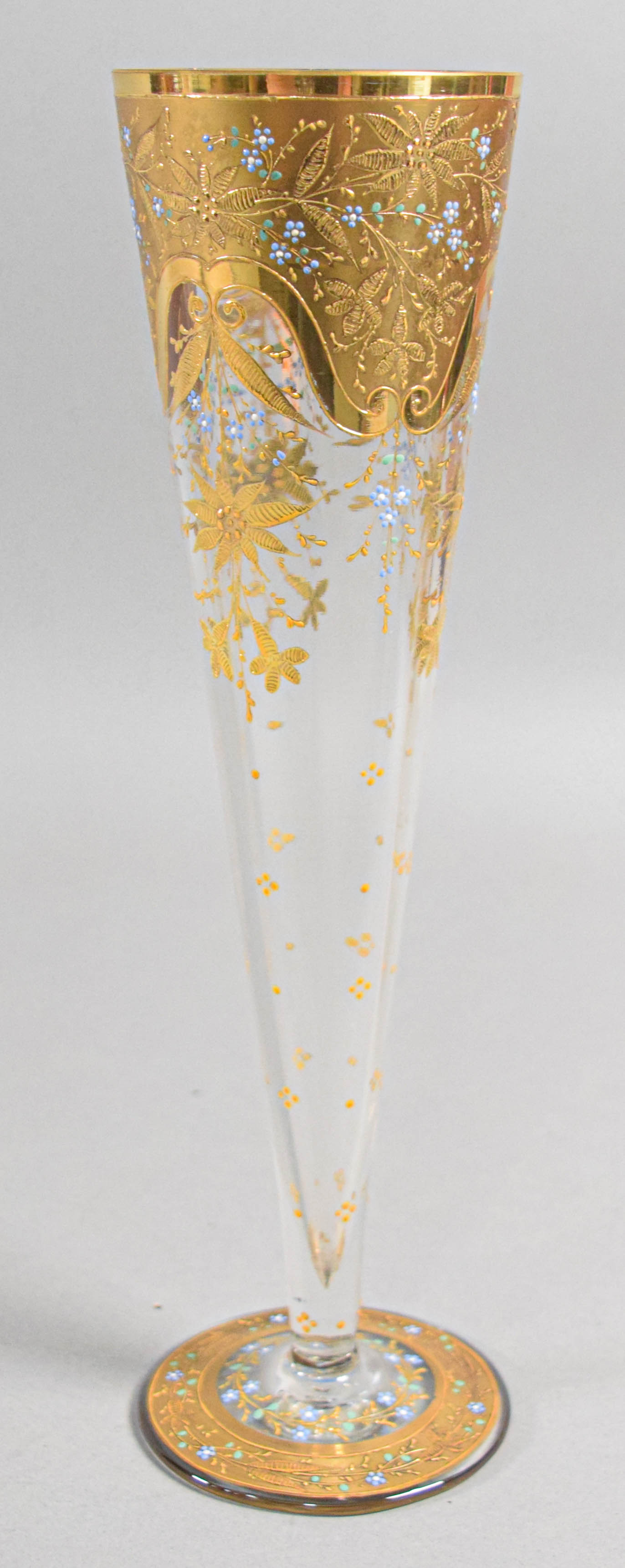 Bohemian Gilded and Enameled Faceted Glass Trumpet Vase