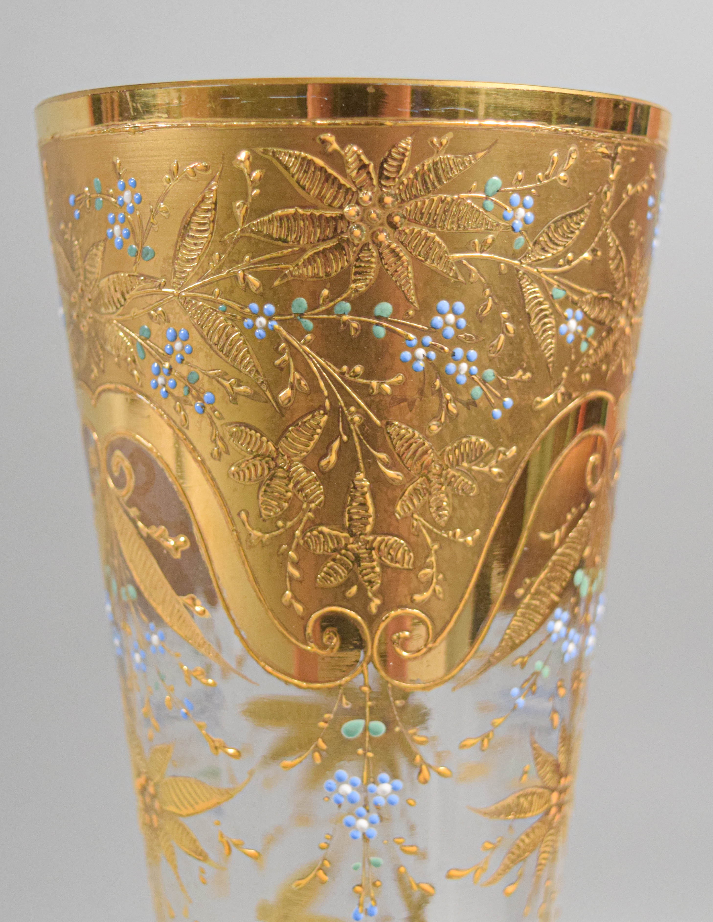 Bohemian Gilded and Enameled Faceted Glass Trumpet Vase