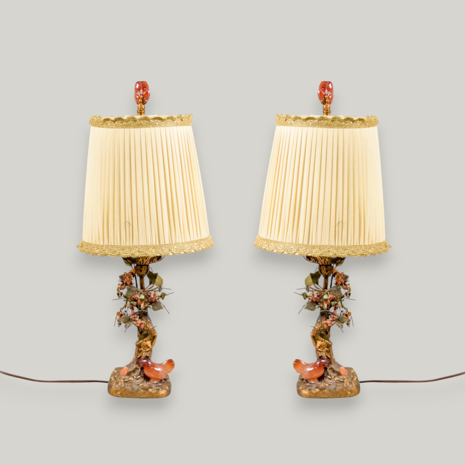 Pair of Nicholas Haydon Chinoiserie Gilt Metal and Carved Semi-Precious Stone Table Lamps