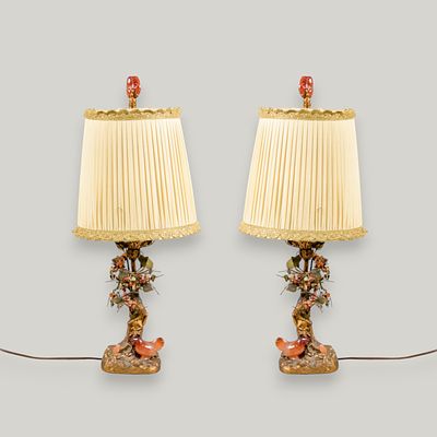 Pair of Nicholas Haydon Chinoiserie Gilt Metal and Carved Semi-Precious Stone Table Lamps. Pair 