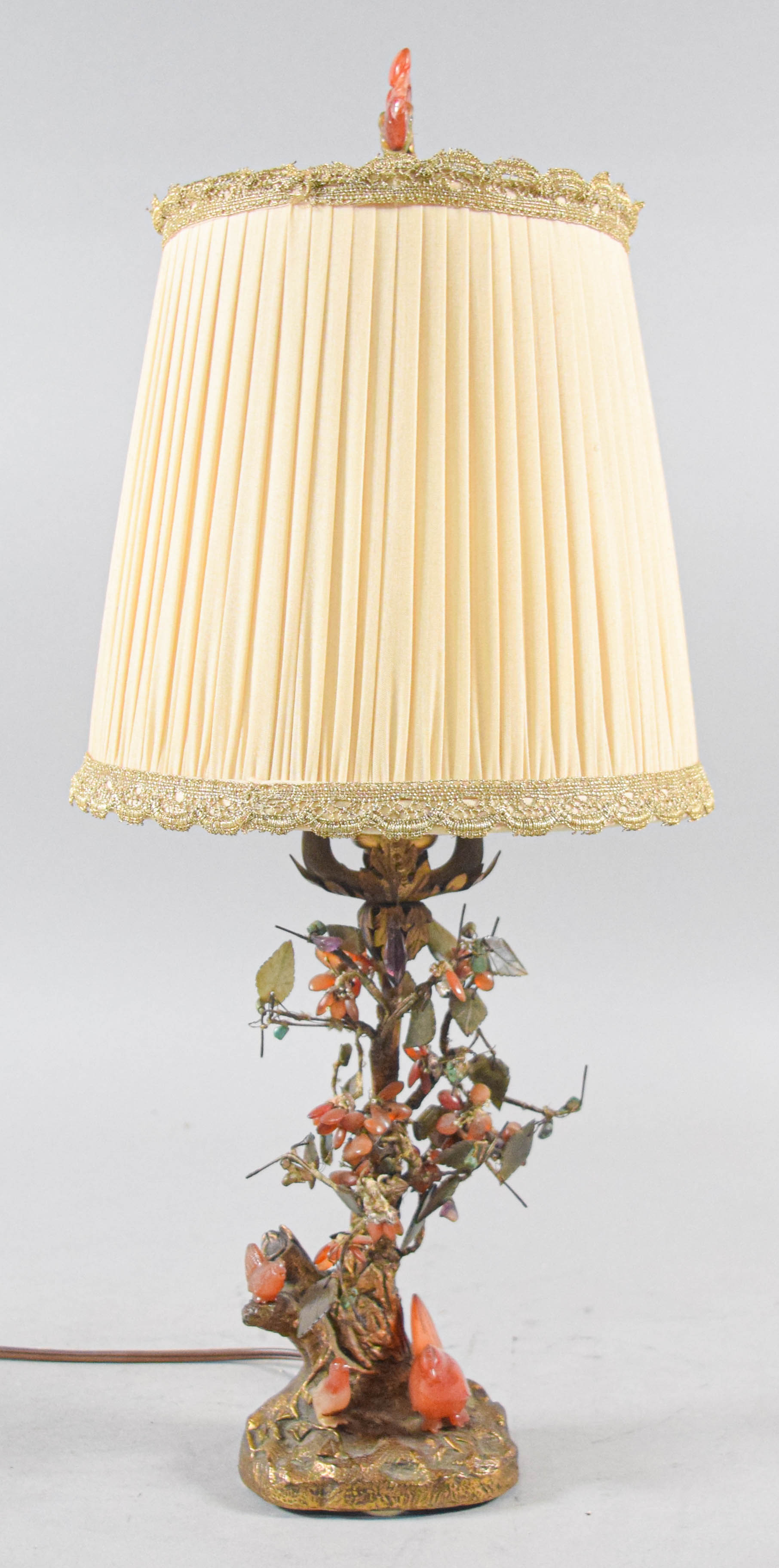 Pair of Nicholas Haydon Chinoiserie Gilt Metal and Carved Semi-Precious Stone Table Lamps