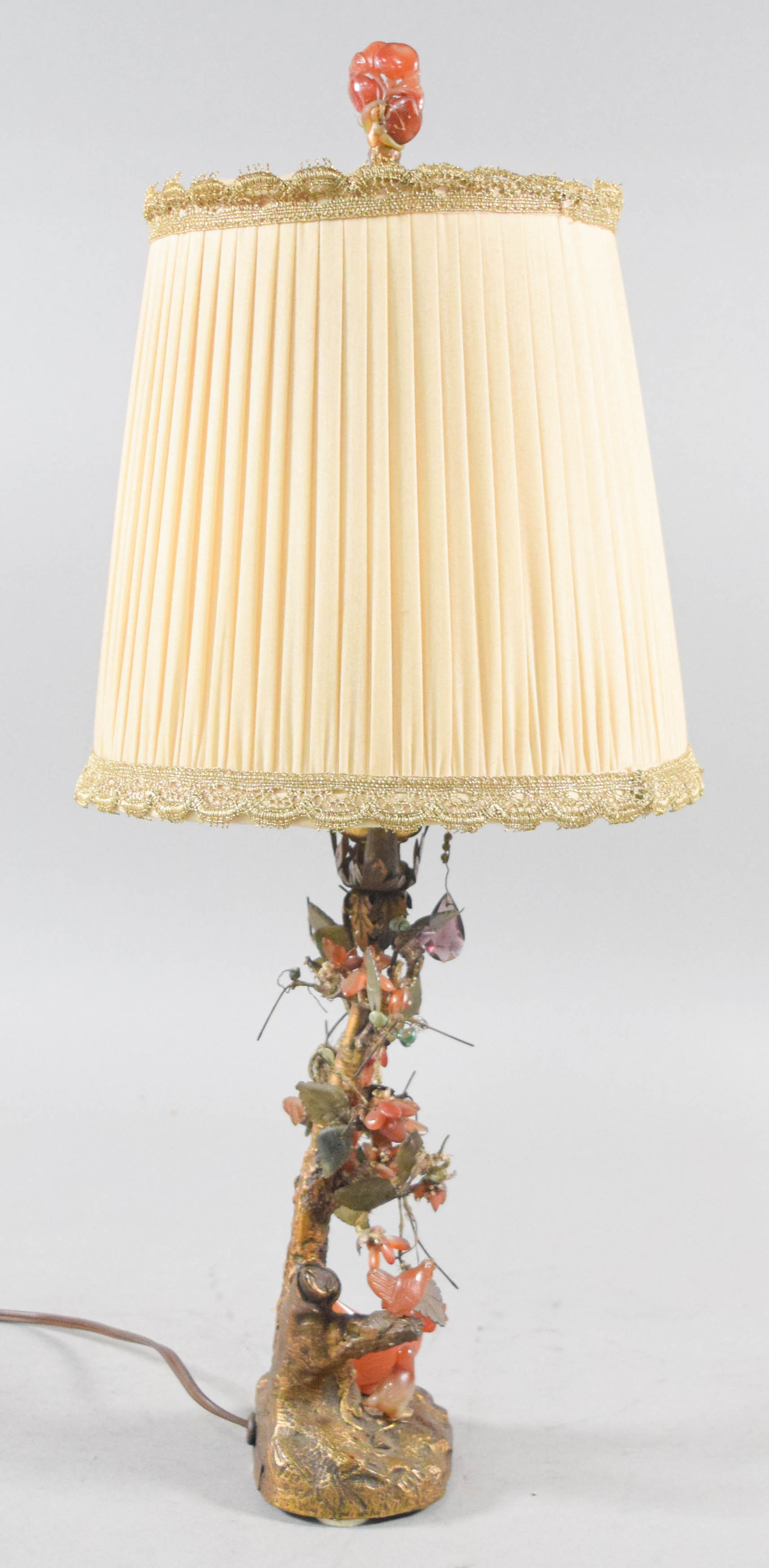 Pair of Nicholas Haydon Chinoiserie Gilt Metal and Carved Semi-Precious Stone Table Lamps