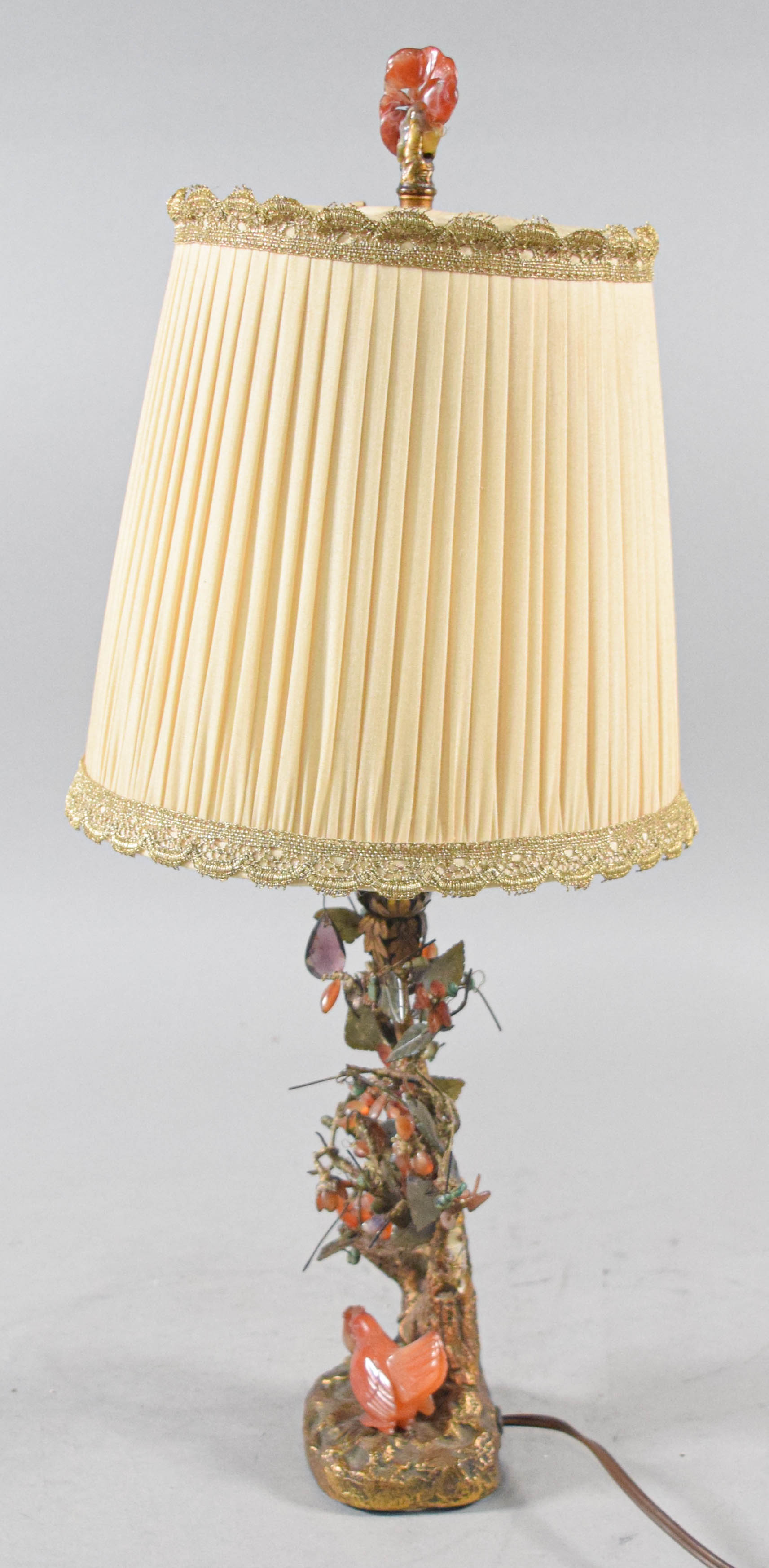 Pair of Nicholas Haydon Chinoiserie Gilt Metal and Carved Semi-Precious Stone Table Lamps