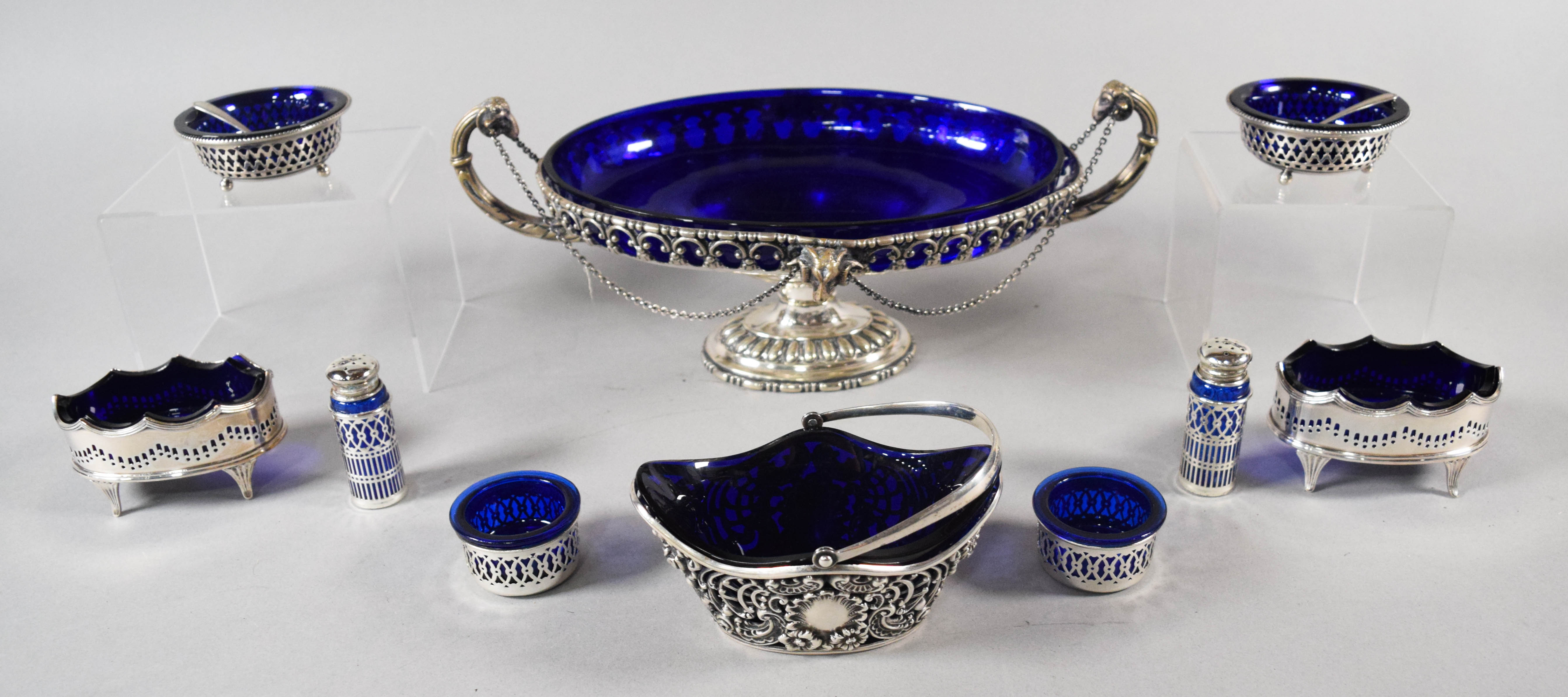 A 12-Piece Collection of Cobalt Blue Glass and Silver Tableware Including Gorham and Watson Sterling Silver
