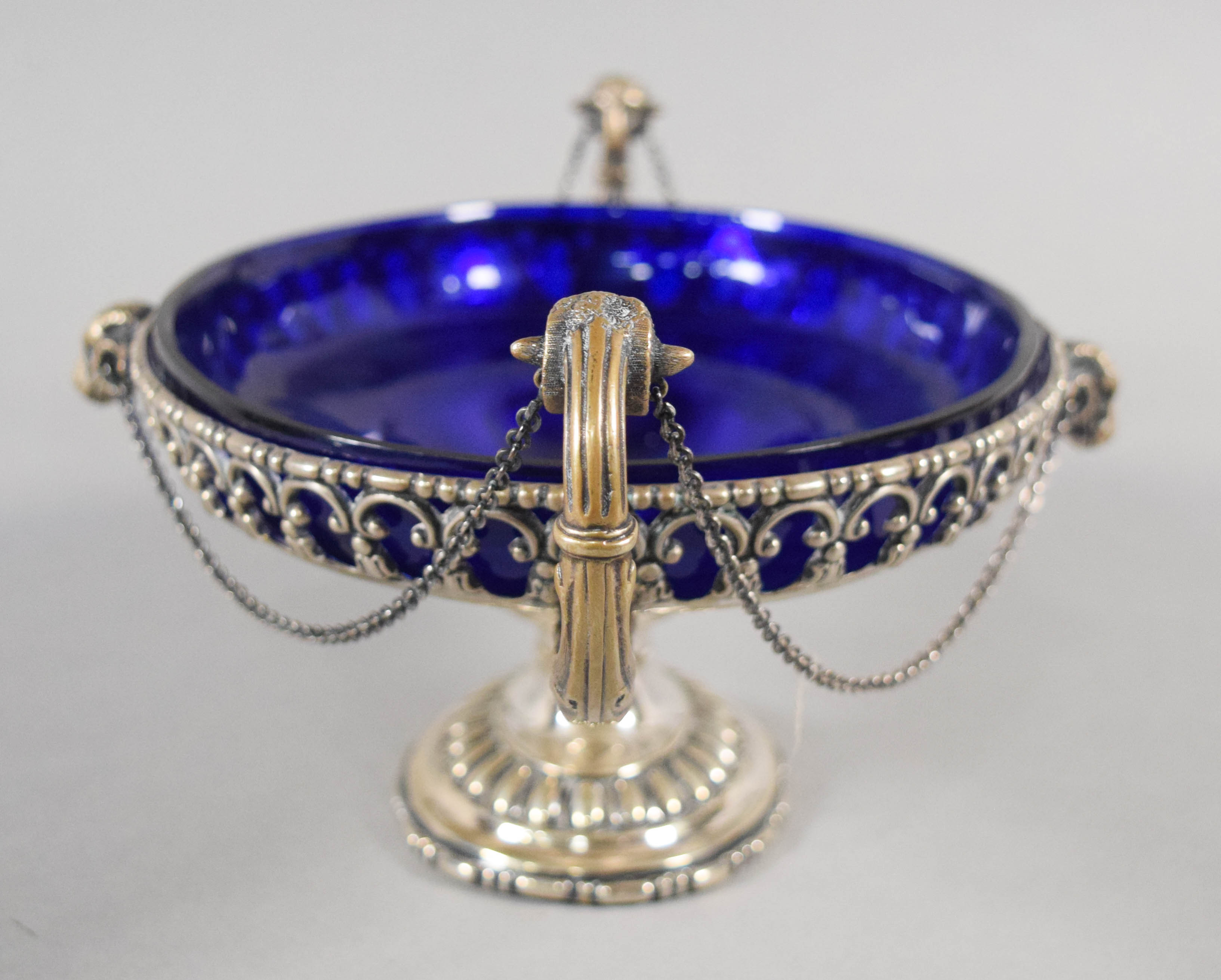 A 12-Piece Collection of Cobalt Blue Glass and Silver Tableware Including Gorham and Watson Sterling Silver