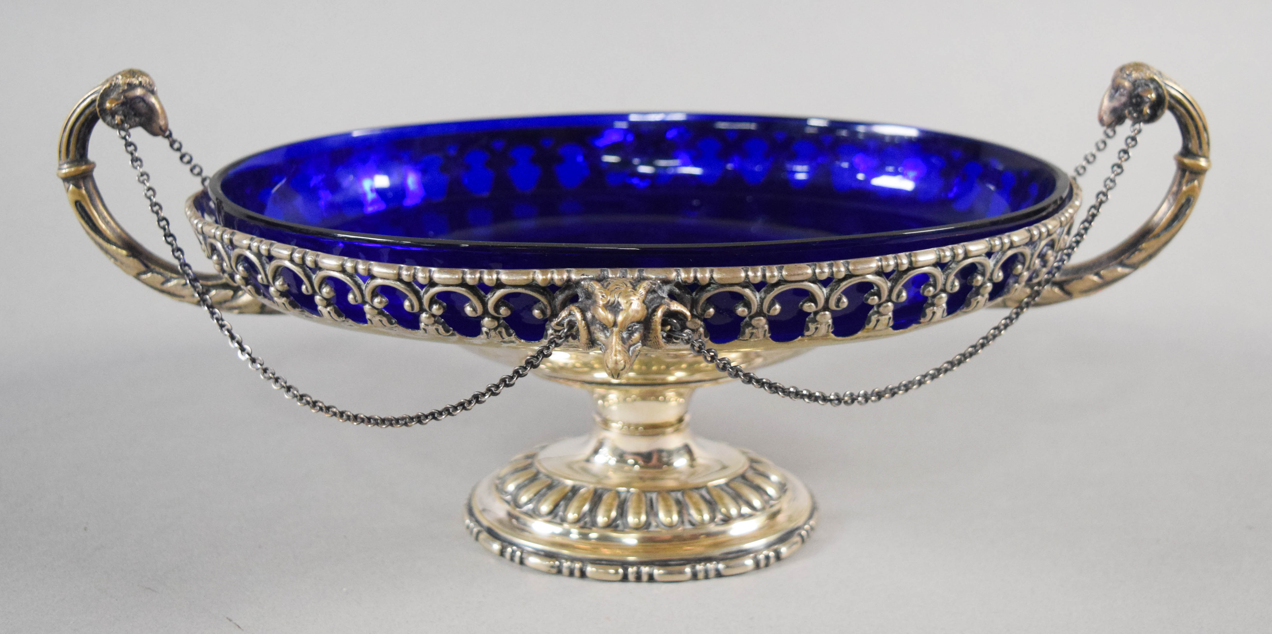 A 12-Piece Collection of Cobalt Blue Glass and Silver Tableware Including Gorham and Watson Sterling Silver