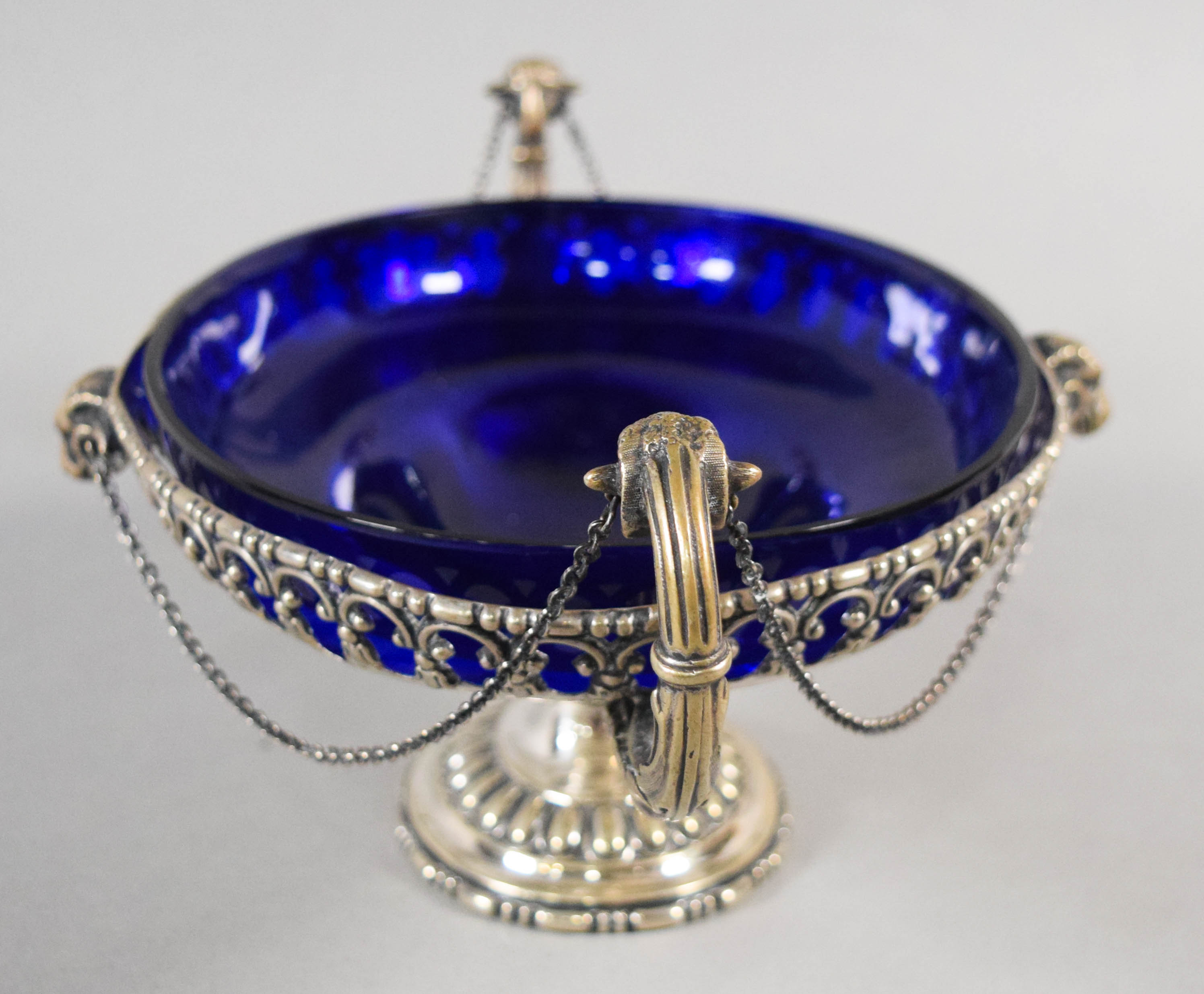 A 12-Piece Collection of Cobalt Blue Glass and Silver Tableware Including Gorham and Watson Sterling Silver